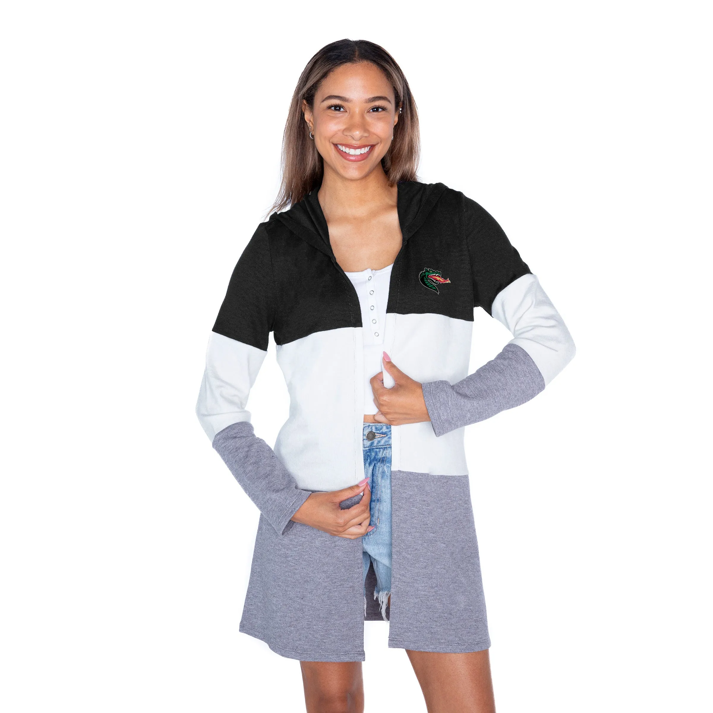 ALABAMA AT BIRMINGHAM BLAZERS INSIGNIA WOMEN'S LIGHTWEIGHT LONG SLEEVE HOODED CARDIGAN WITH OPEN FRONT AND BOLD COLORBLOCK DETAIL