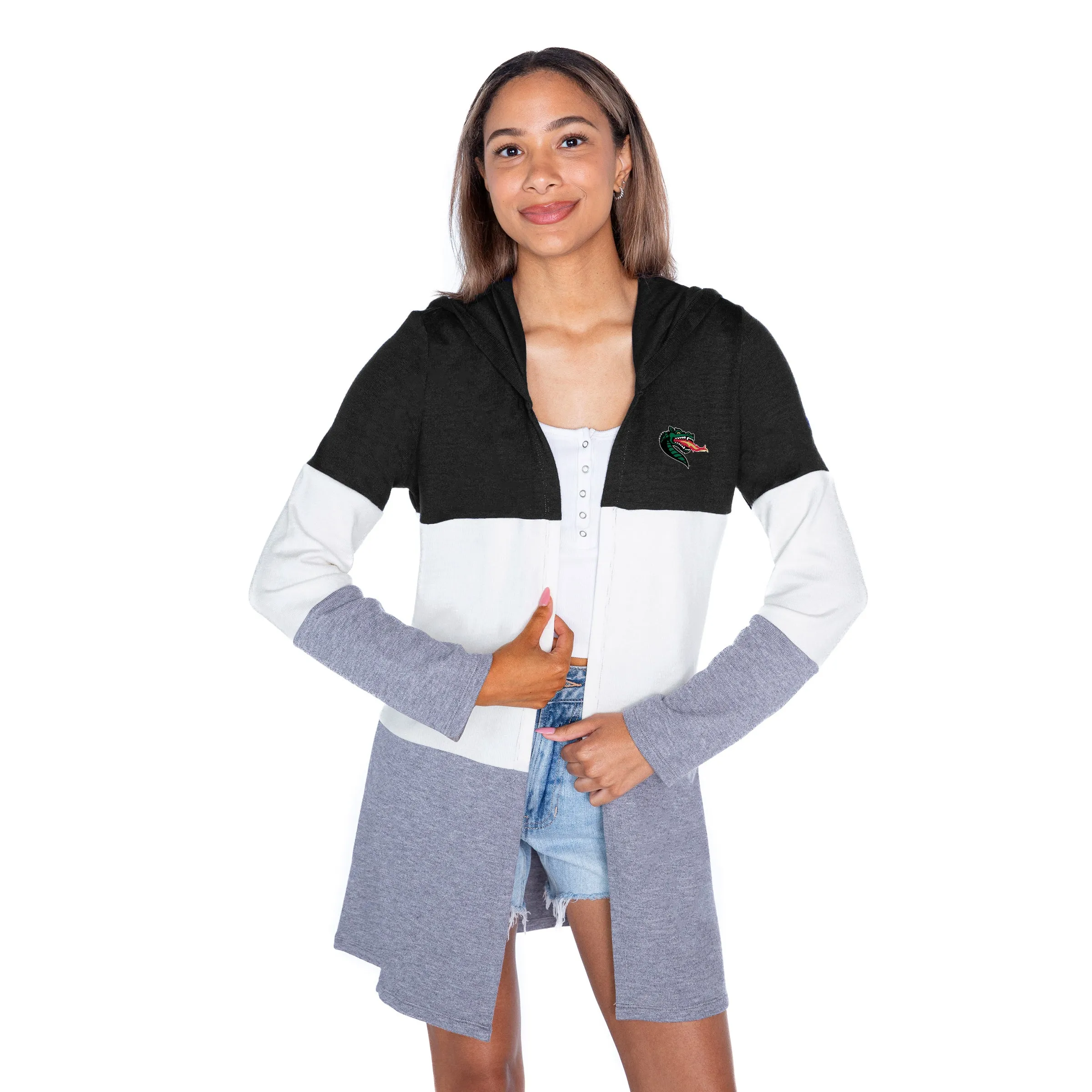 ALABAMA AT BIRMINGHAM BLAZERS INSIGNIA WOMEN'S LIGHTWEIGHT LONG SLEEVE HOODED CARDIGAN WITH OPEN FRONT AND BOLD COLORBLOCK DETAIL