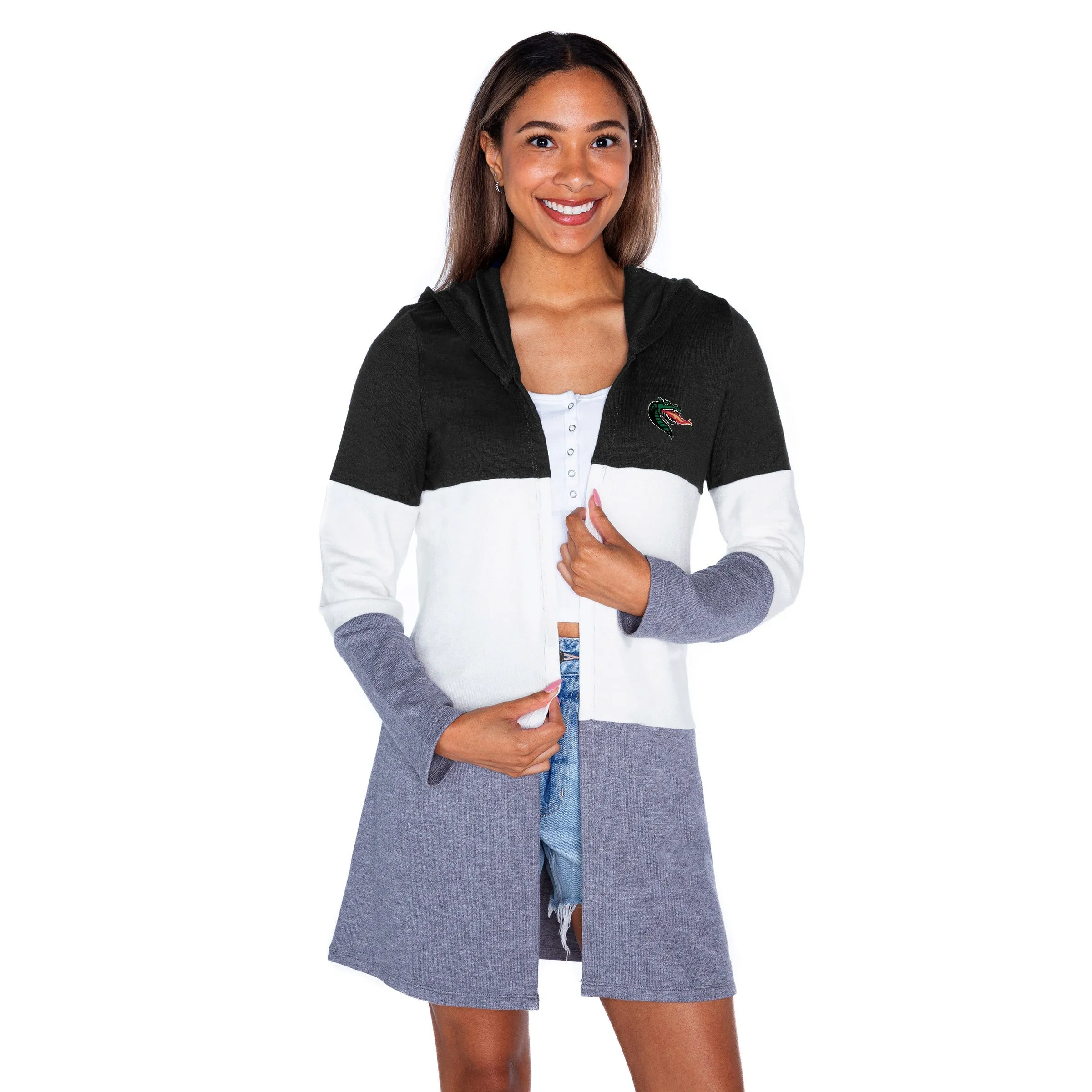 ALABAMA AT BIRMINGHAM BLAZERS INSIGNIA WOMEN'S LIGHTWEIGHT LONG SLEEVE HOODED CARDIGAN WITH OPEN FRONT AND BOLD COLORBLOCK DETAIL