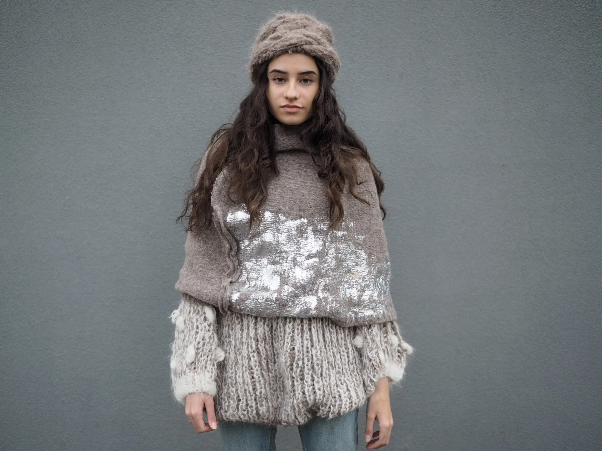 Alpaca capelet / shrug with foil hand print detail