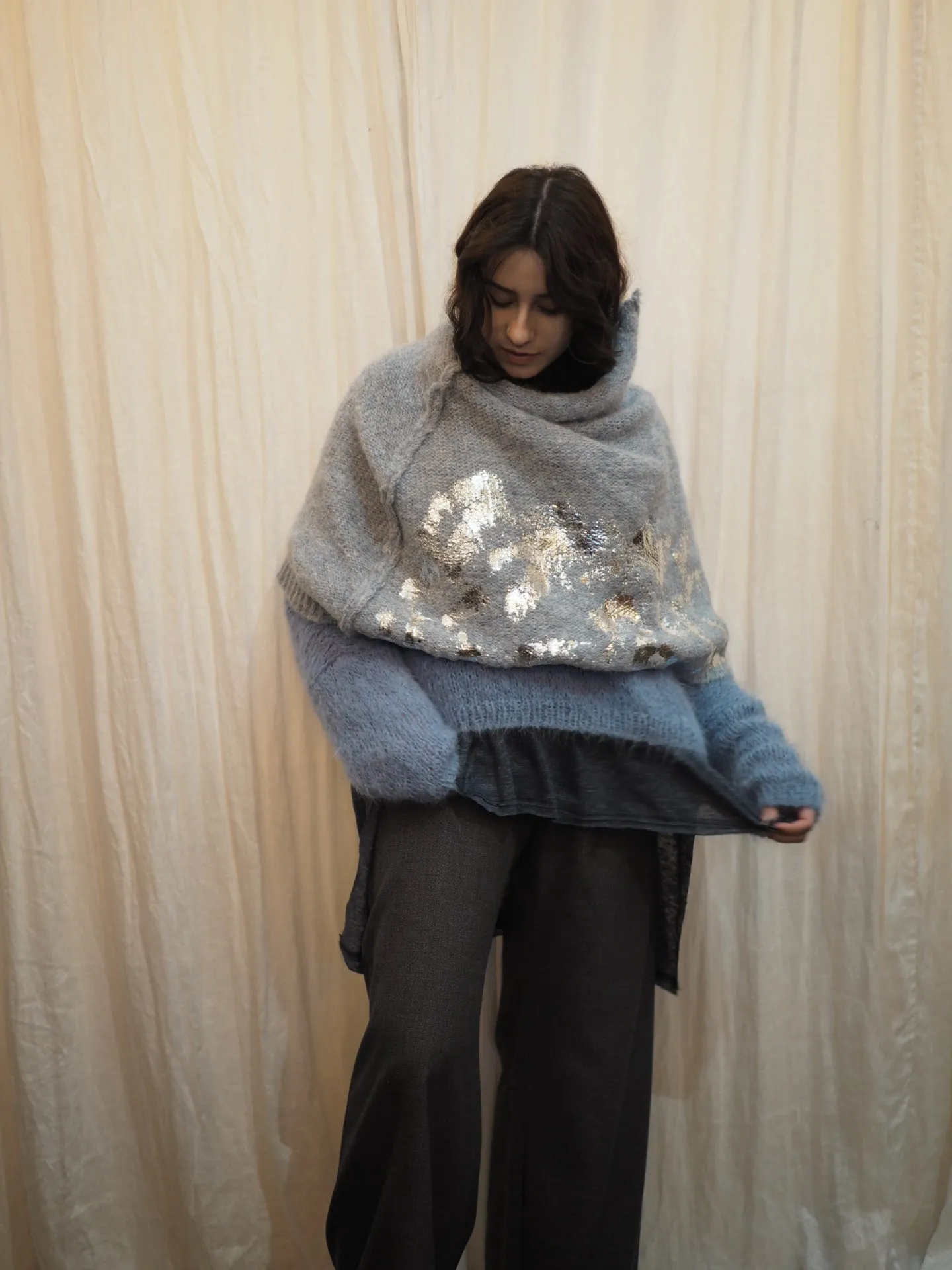 Alpaca capelet / shrug with foil hand print detail