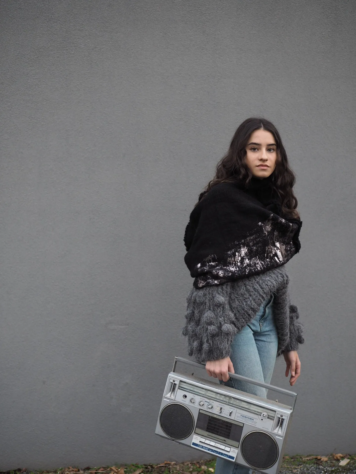 Alpaca capelet / shrug with foil print detail
