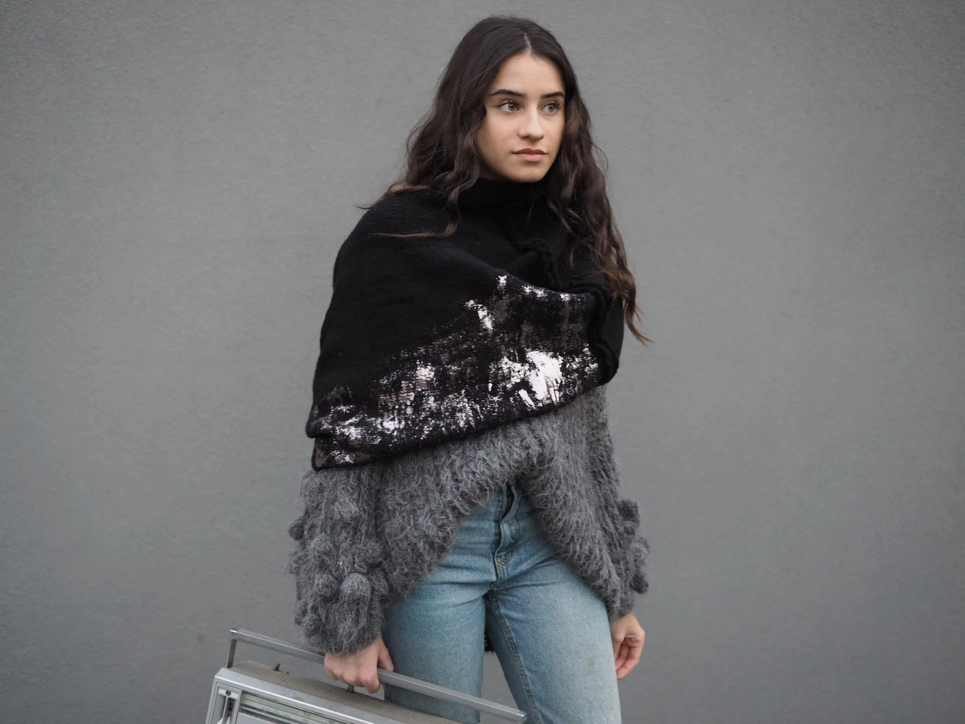 Alpaca capelet / shrug with foil print detail