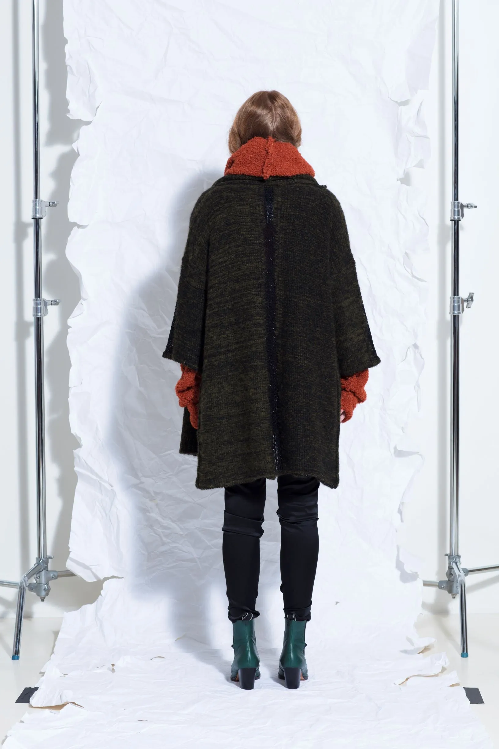 Alpaca kimono style cardigan with mesh detail - khaki