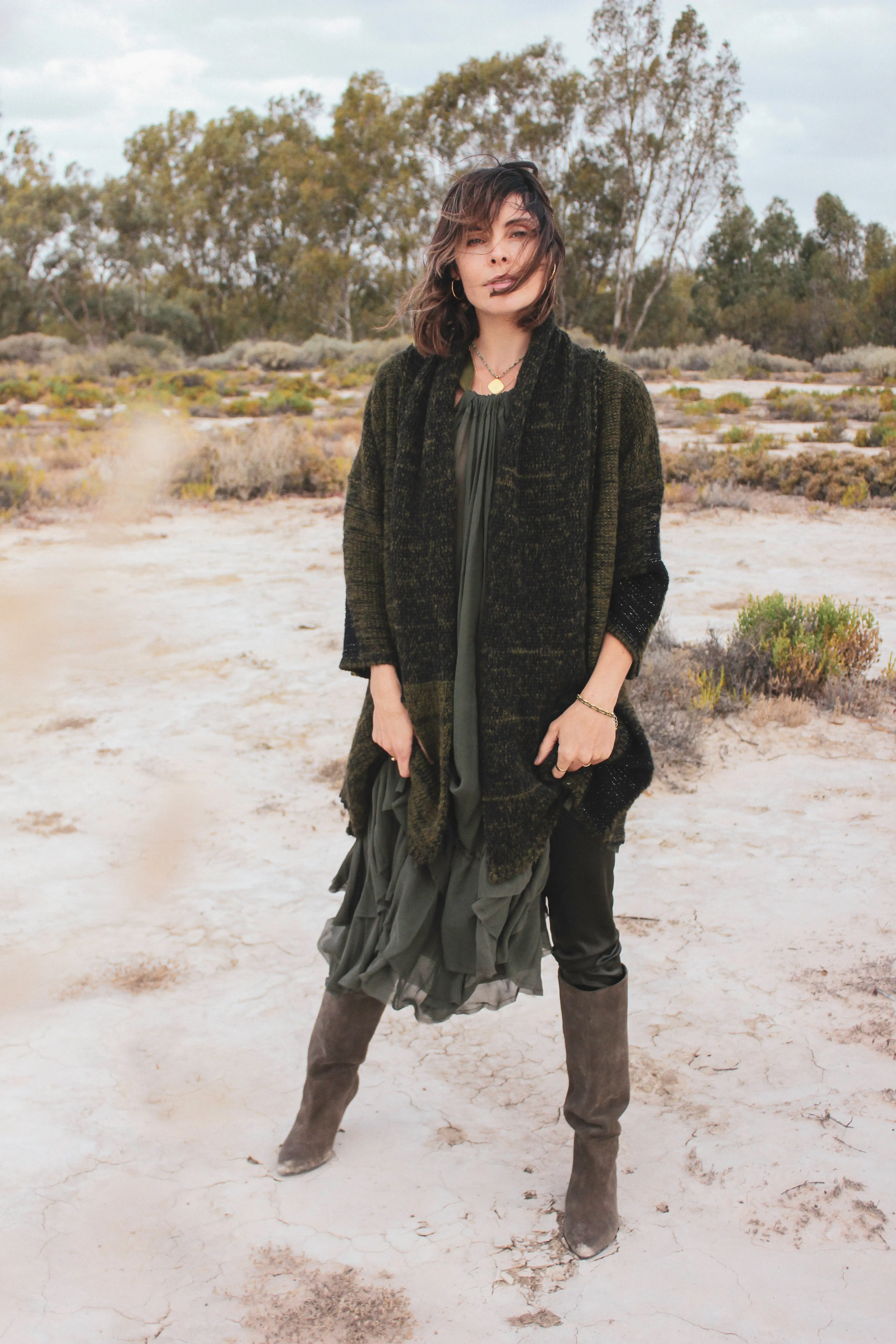 Alpaca kimono style cardigan with mesh detail - khaki