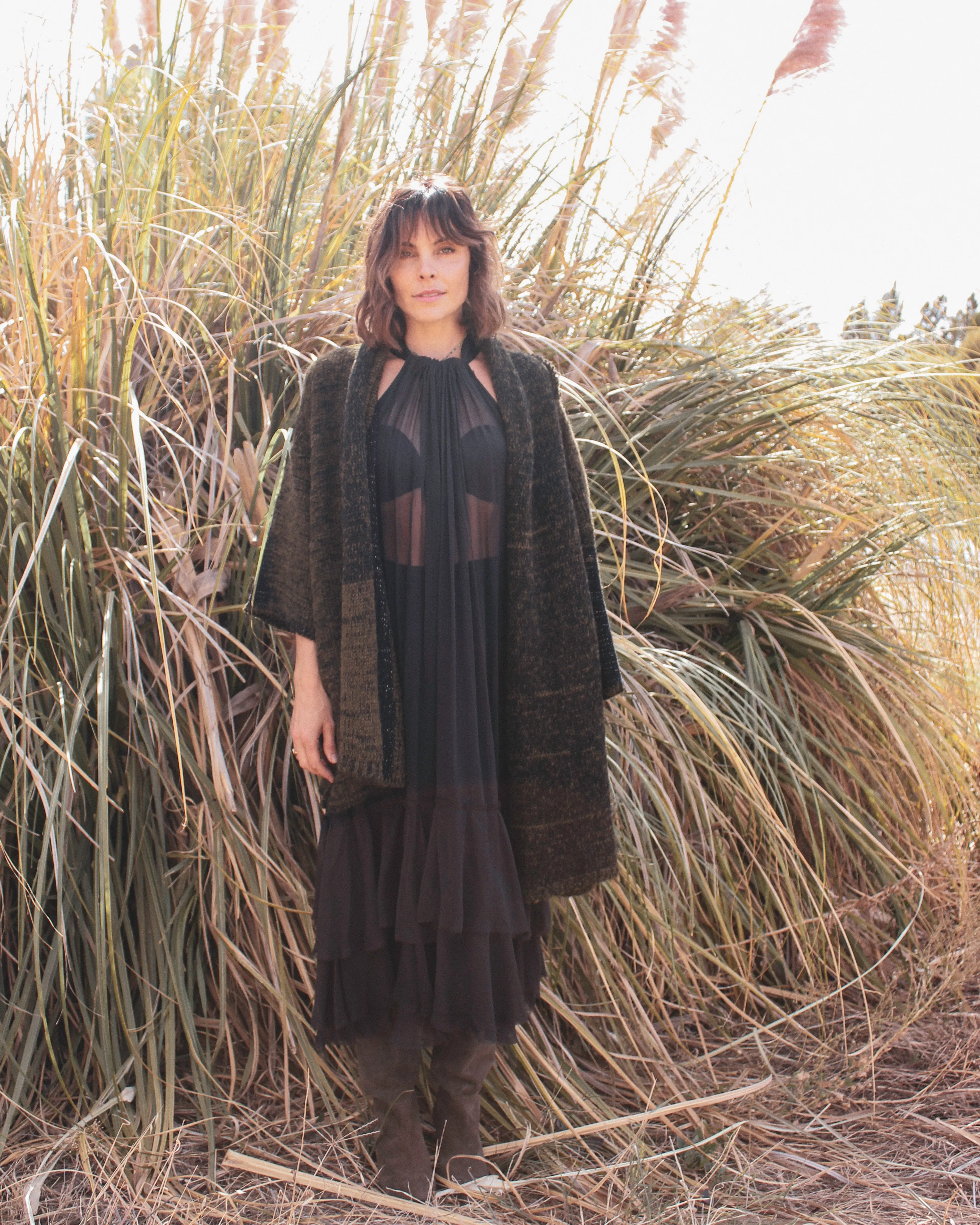 Alpaca kimono style cardigan with mesh detail - khaki