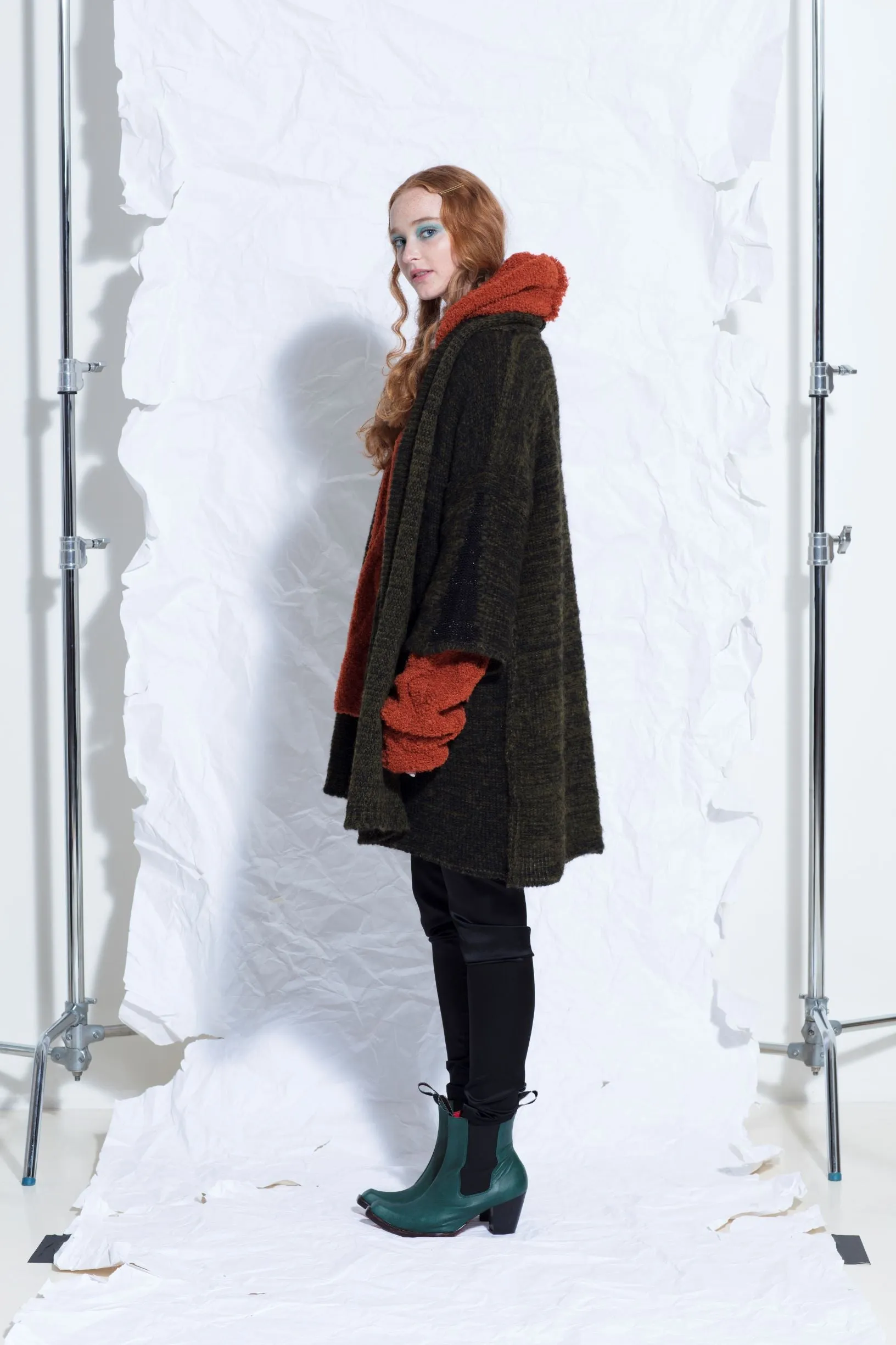 Alpaca kimono style cardigan with mesh detail - khaki