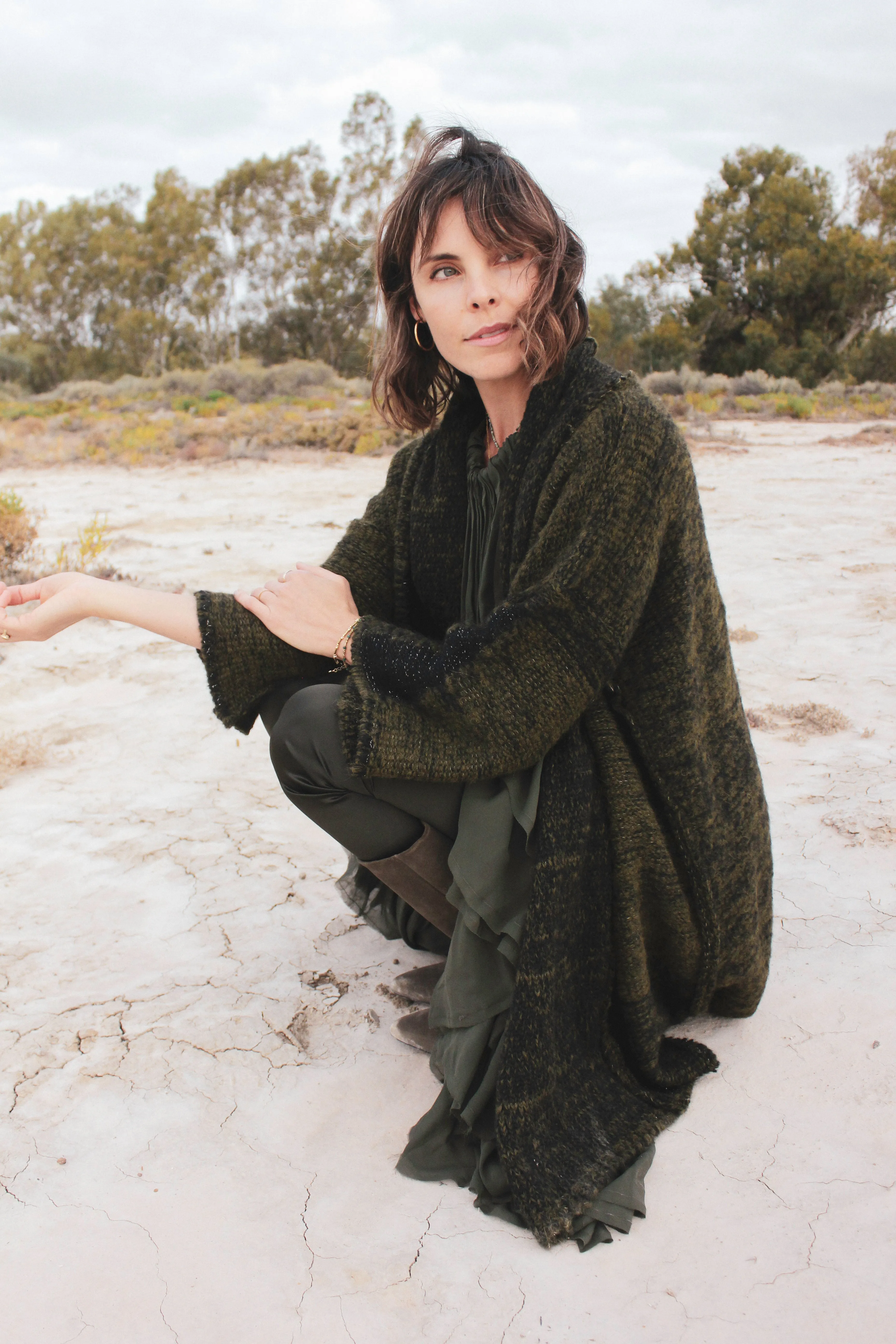 Alpaca kimono style cardigan with mesh detail - khaki