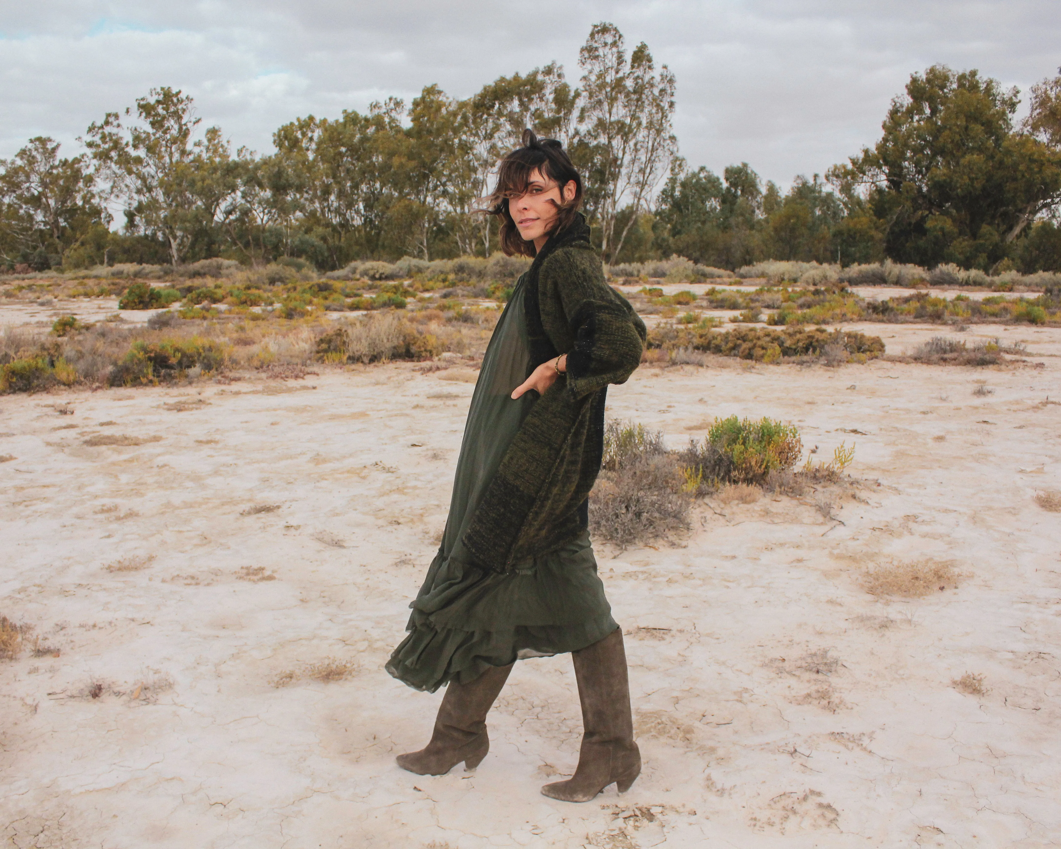 Alpaca kimono style cardigan with mesh detail - khaki