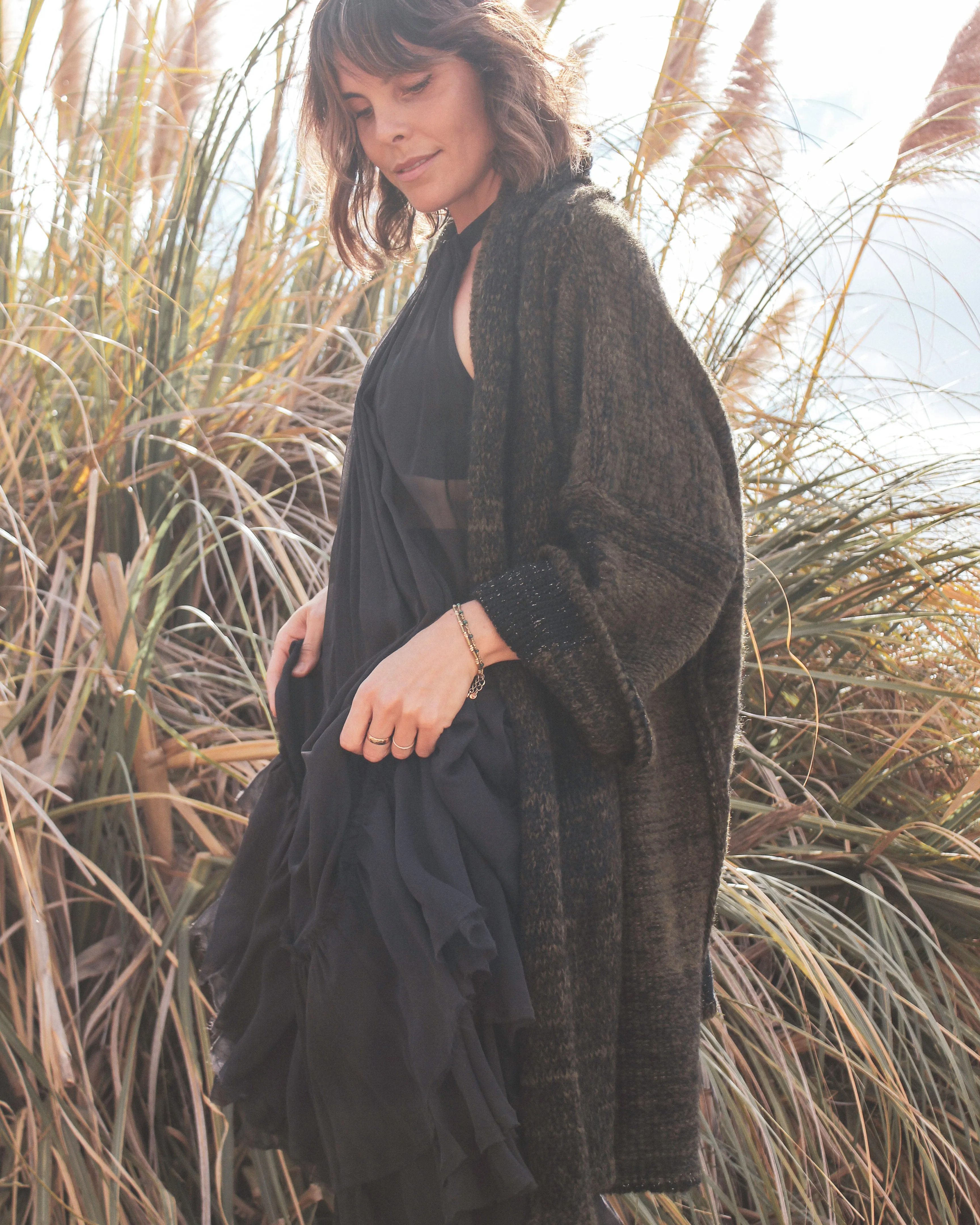 Alpaca kimono style cardigan with mesh detail - khaki