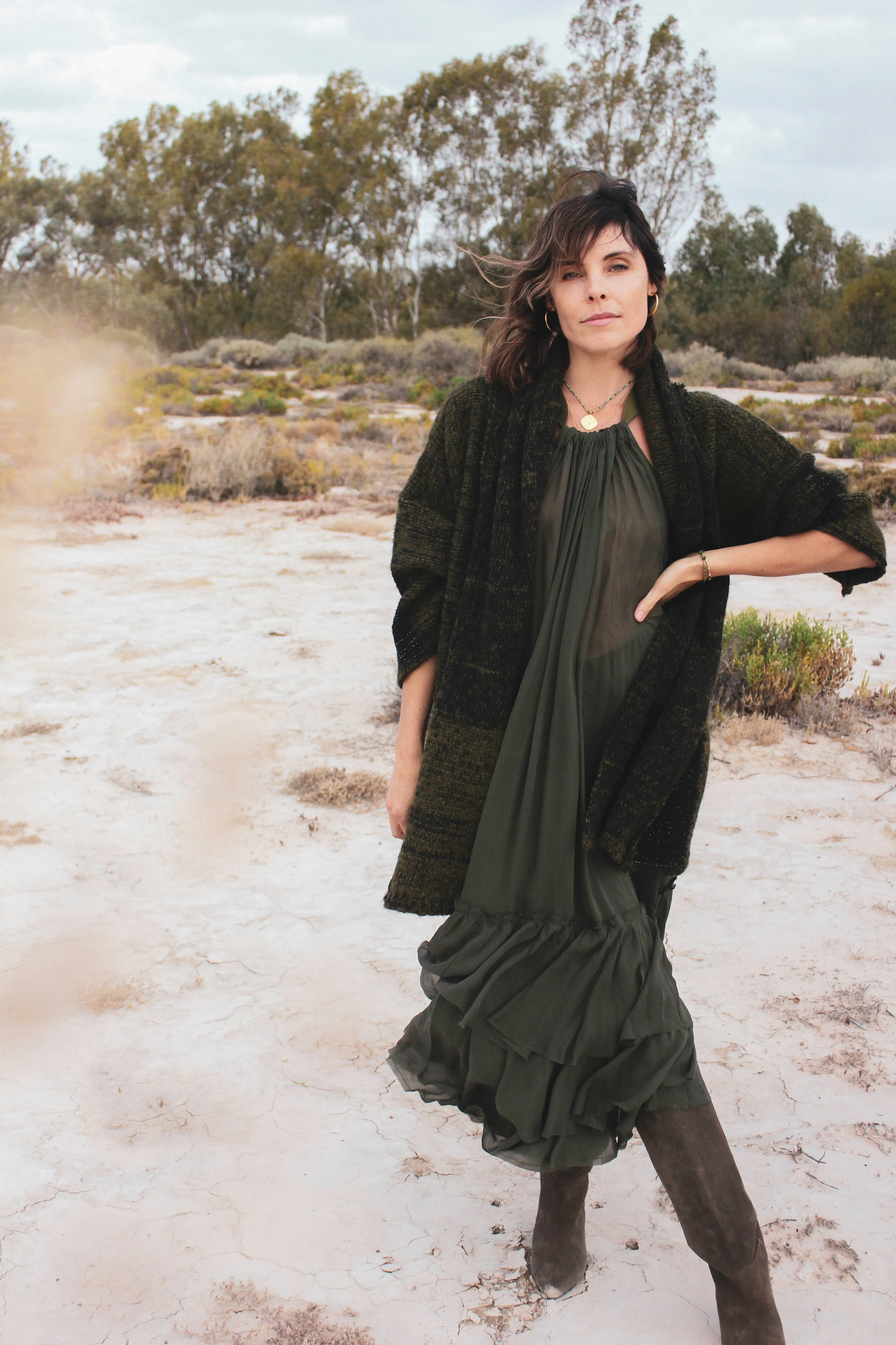 Alpaca kimono style cardigan with mesh detail - khaki