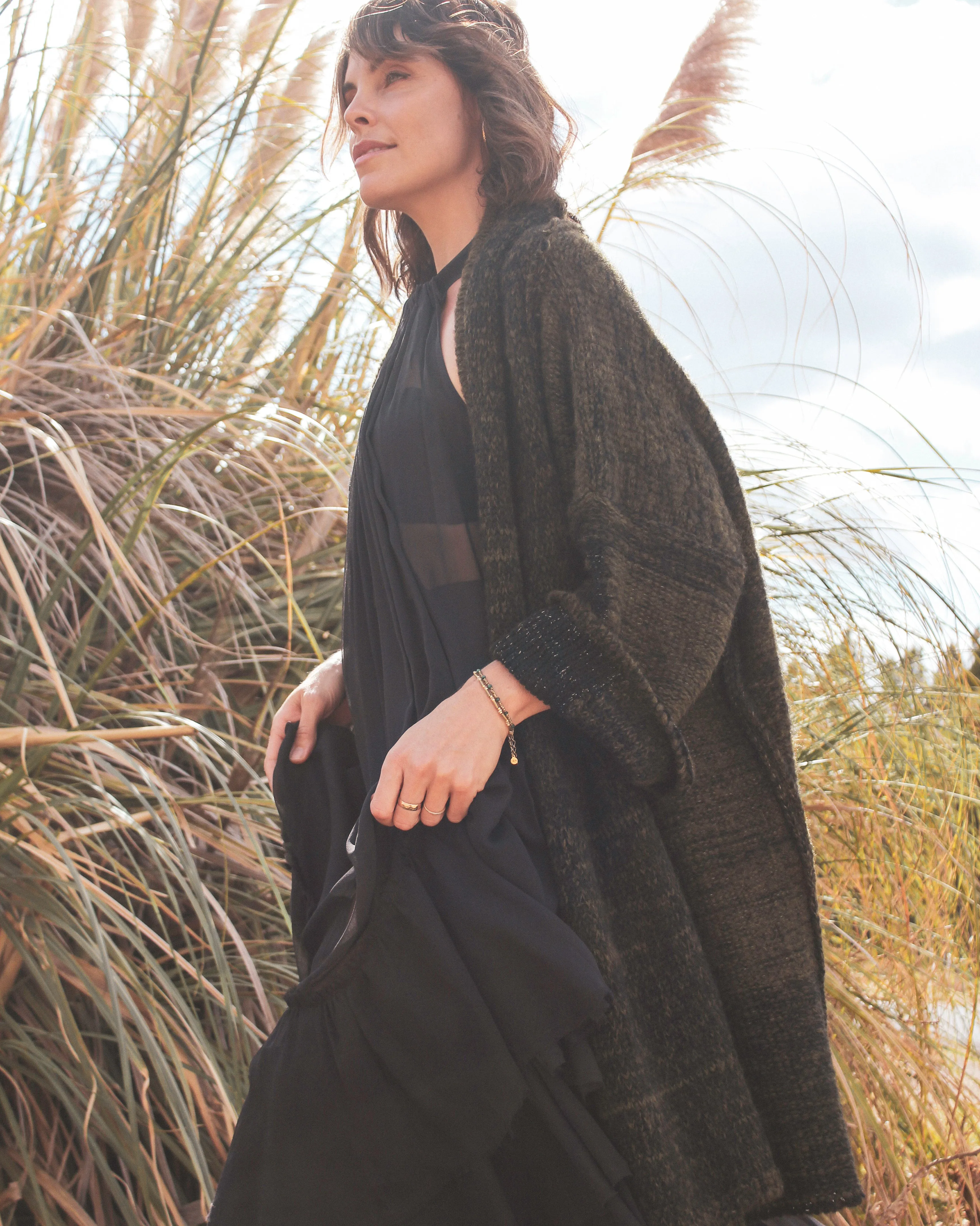 Alpaca kimono style cardigan with mesh detail - khaki