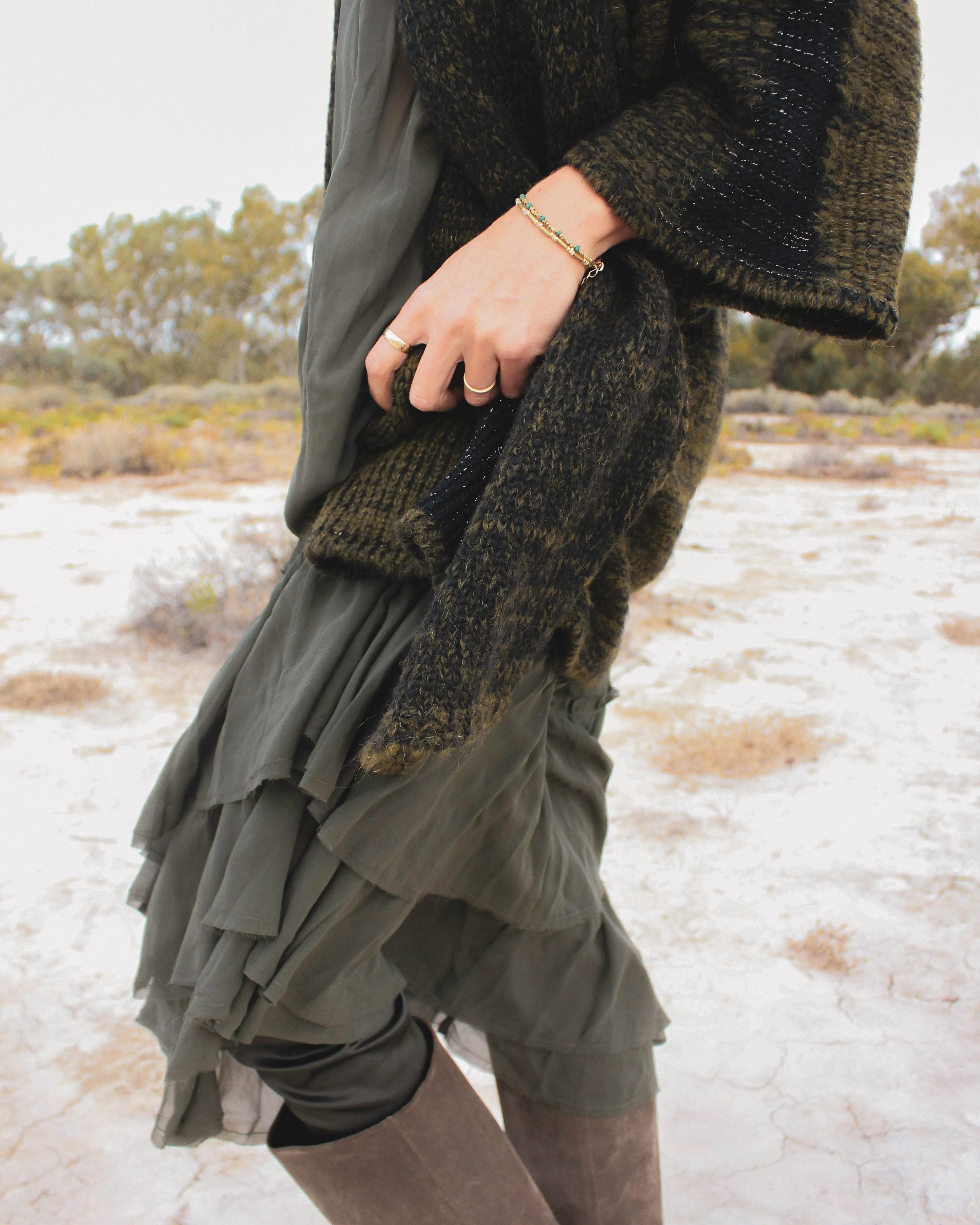 Alpaca kimono style cardigan with mesh detail - khaki
