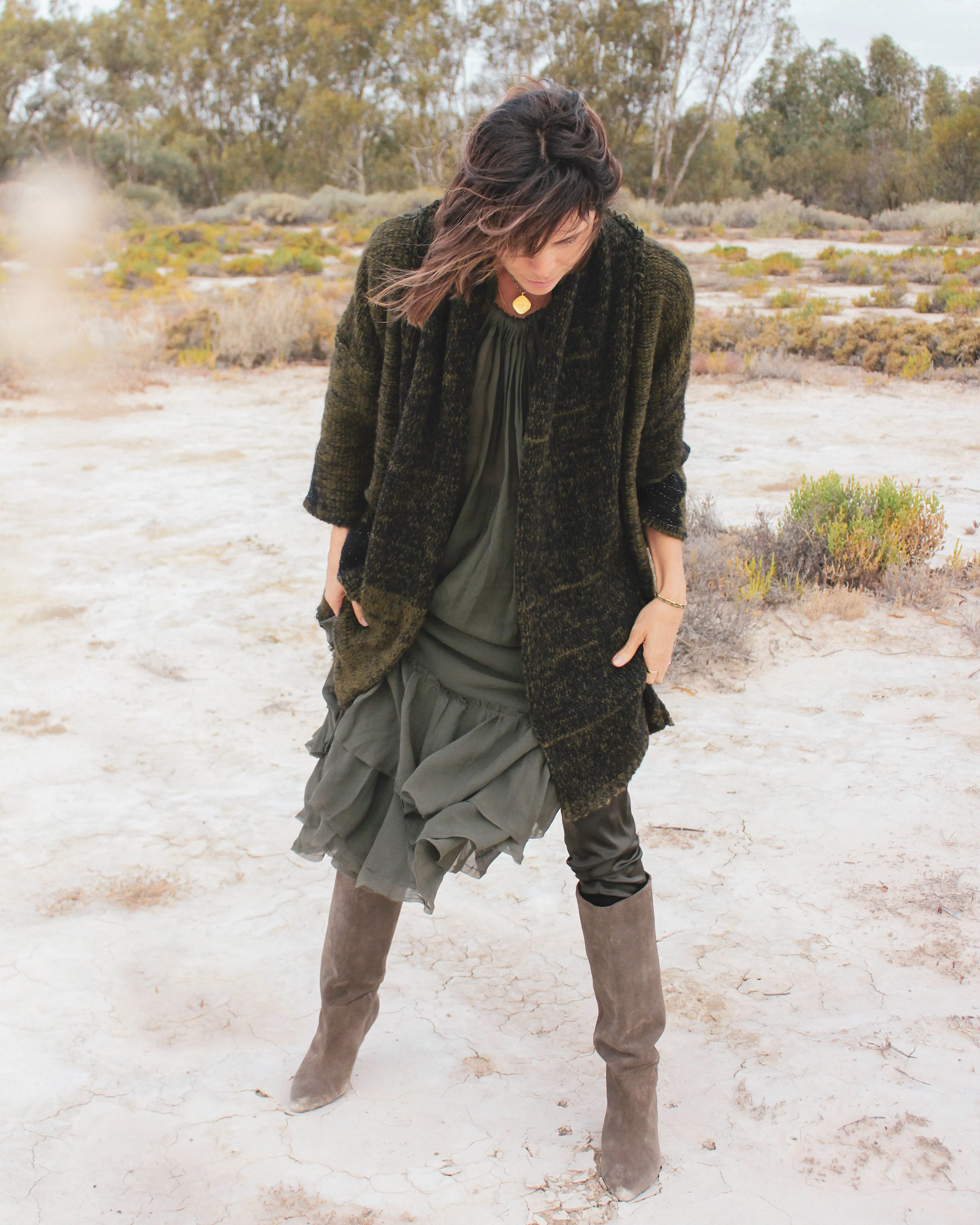 Alpaca kimono style cardigan with mesh detail - khaki