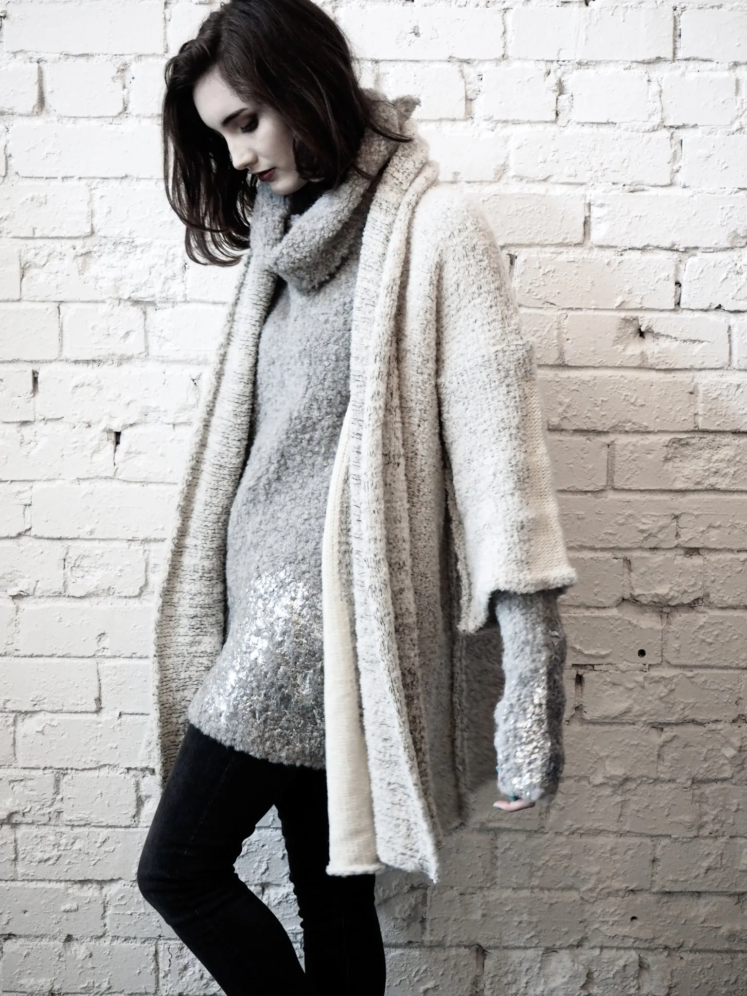 Alpaca kimono style cardigan with mesh detail - khaki