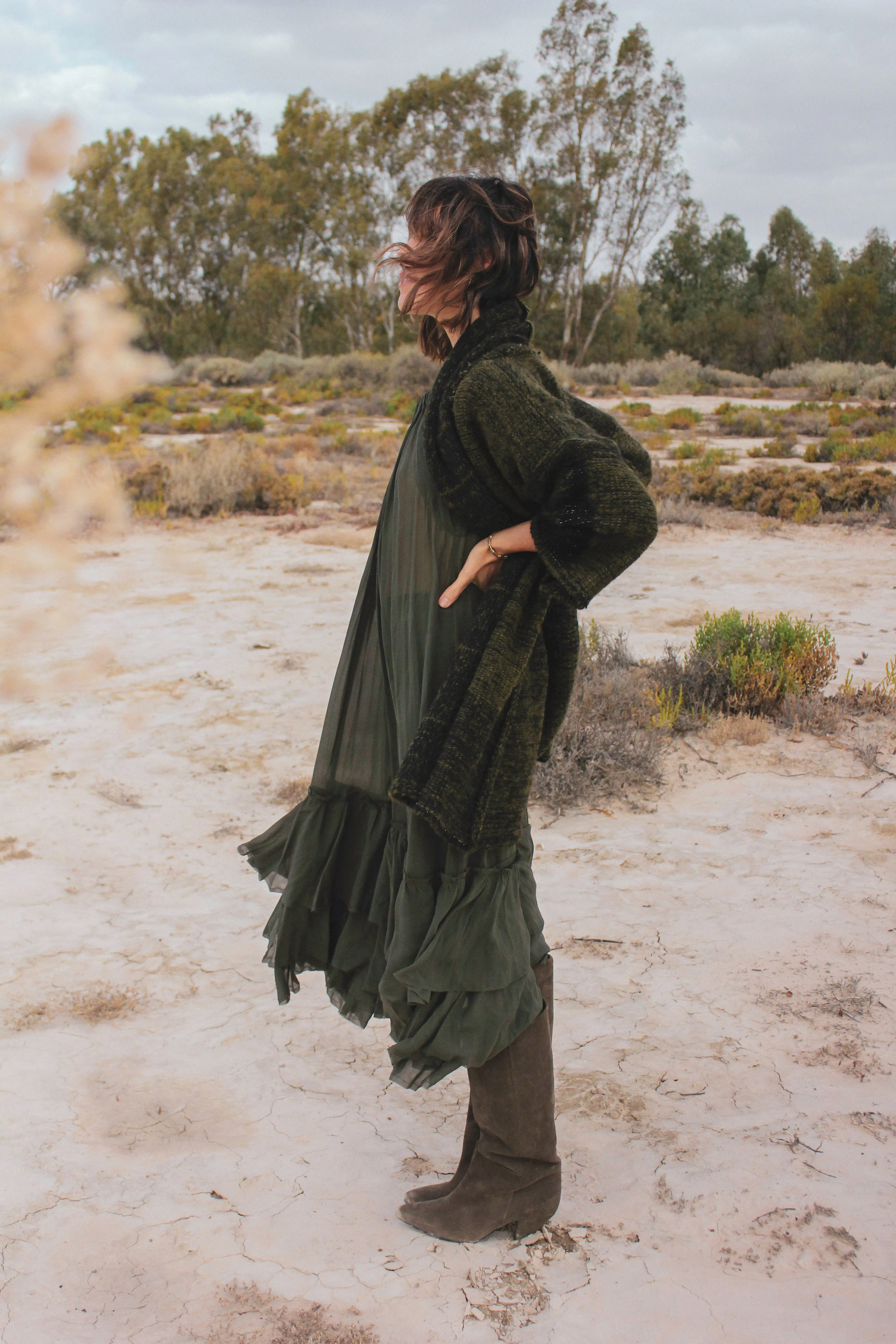 Alpaca kimono style cardigan with mesh detail - khaki
