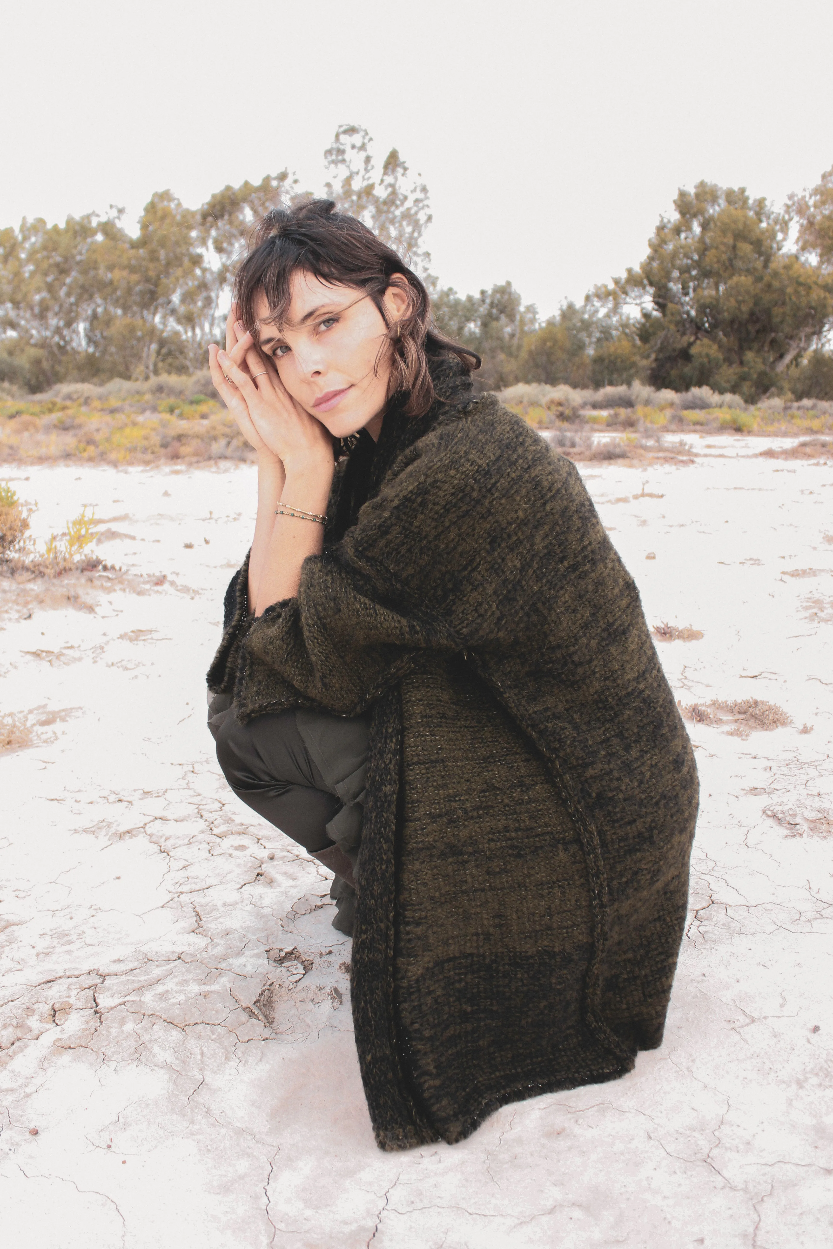 Alpaca kimono style cardigan with mesh detail - khaki