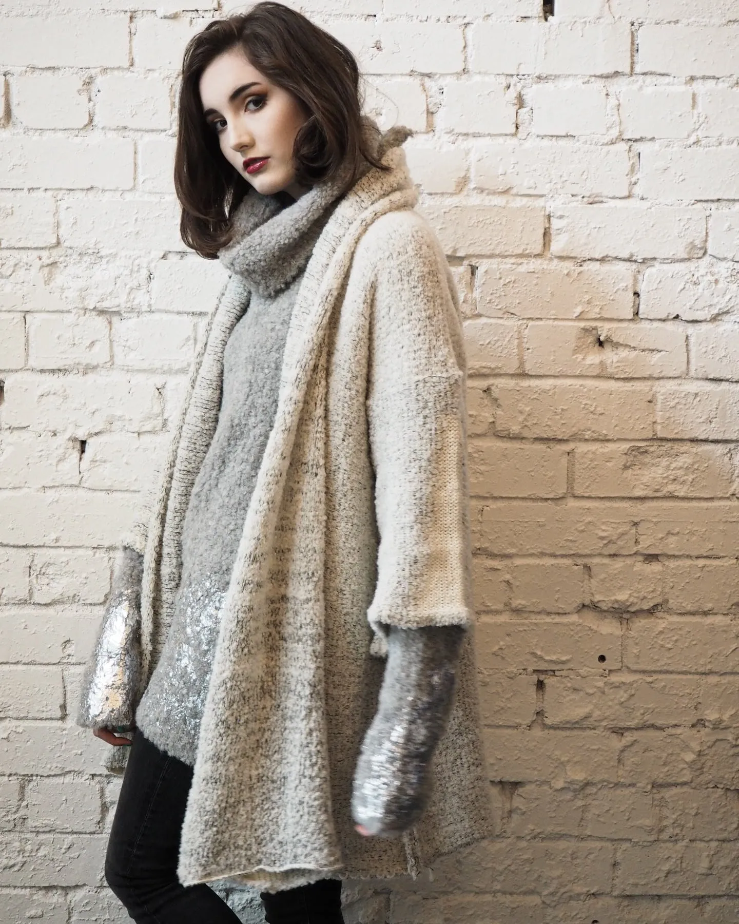 Alpaca kimono style cardigan with mesh detail - khaki