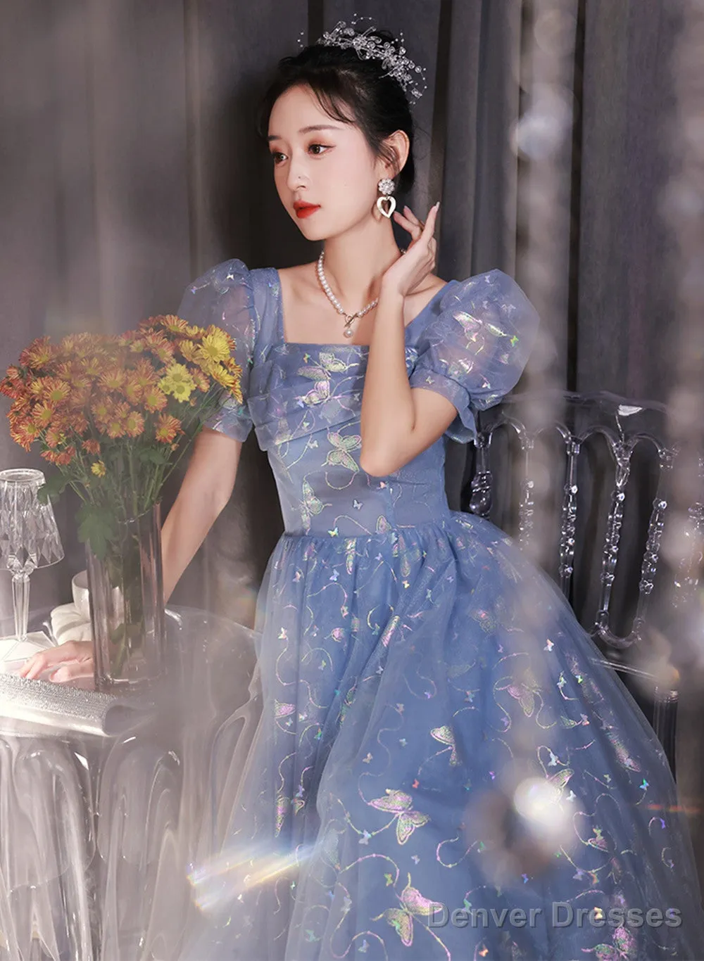 Beautiful A-Line Tulle Short Sleeves Formal Dress, Lovely Tulle Long Formal Dress Prom Dress