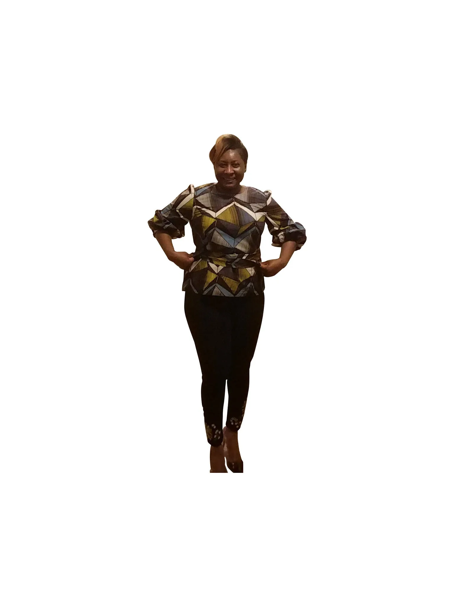 Belted Ankara Top/Blouse with Puffy 3/4 Sleeve