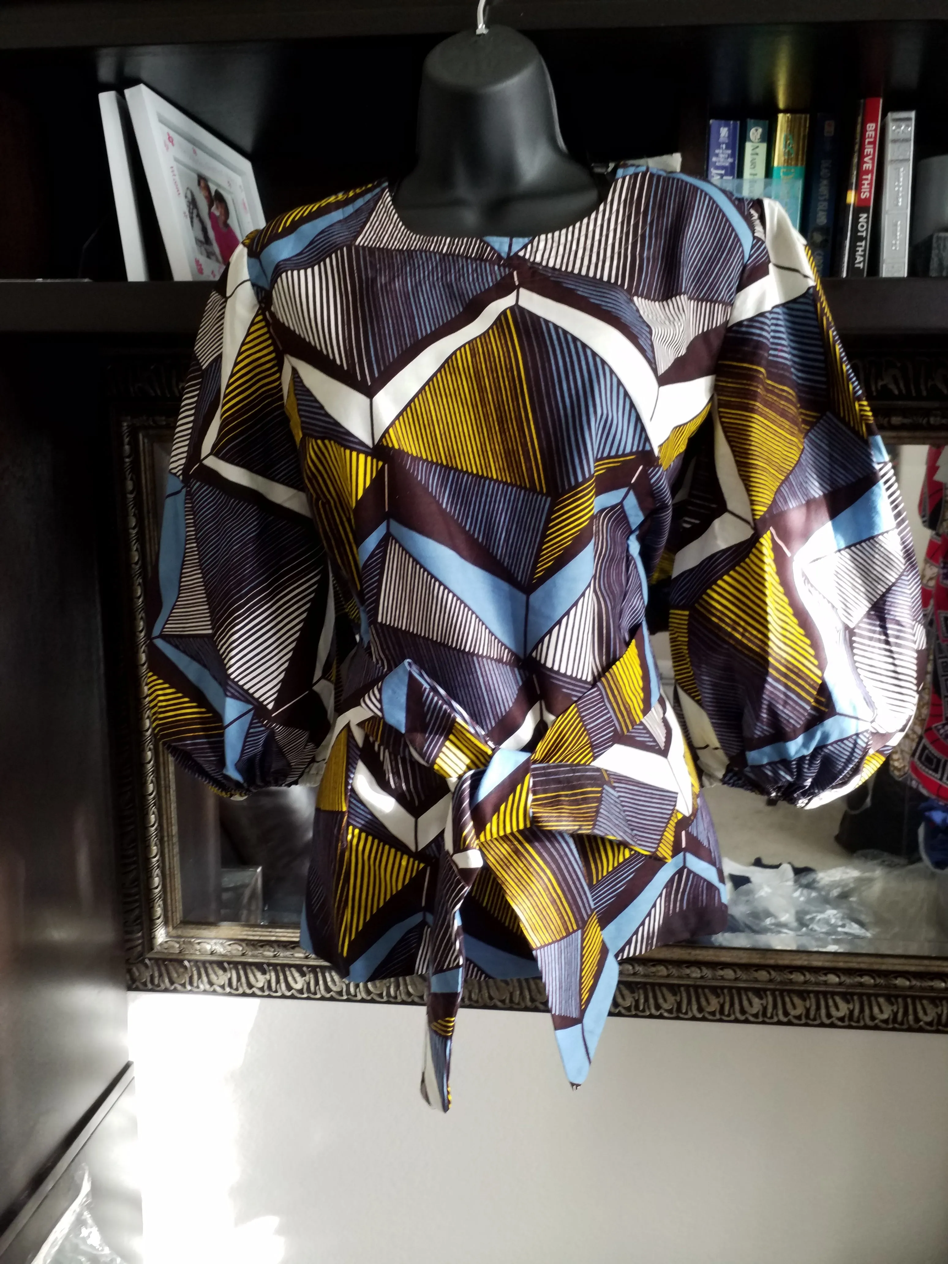 Belted Ankara Top/Blouse with Puffy 3/4 Sleeve