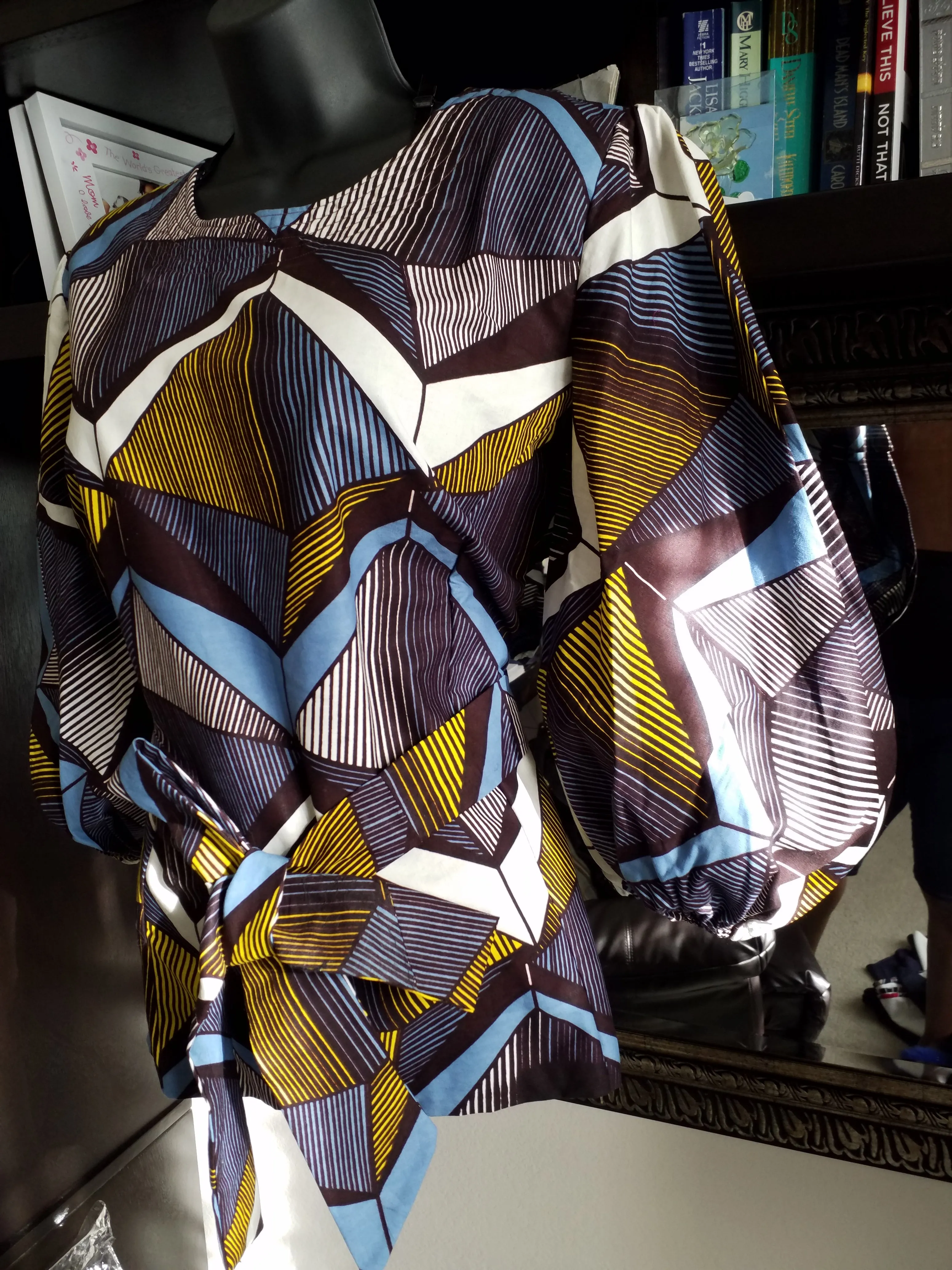Belted Ankara Top/Blouse with Puffy 3/4 Sleeve