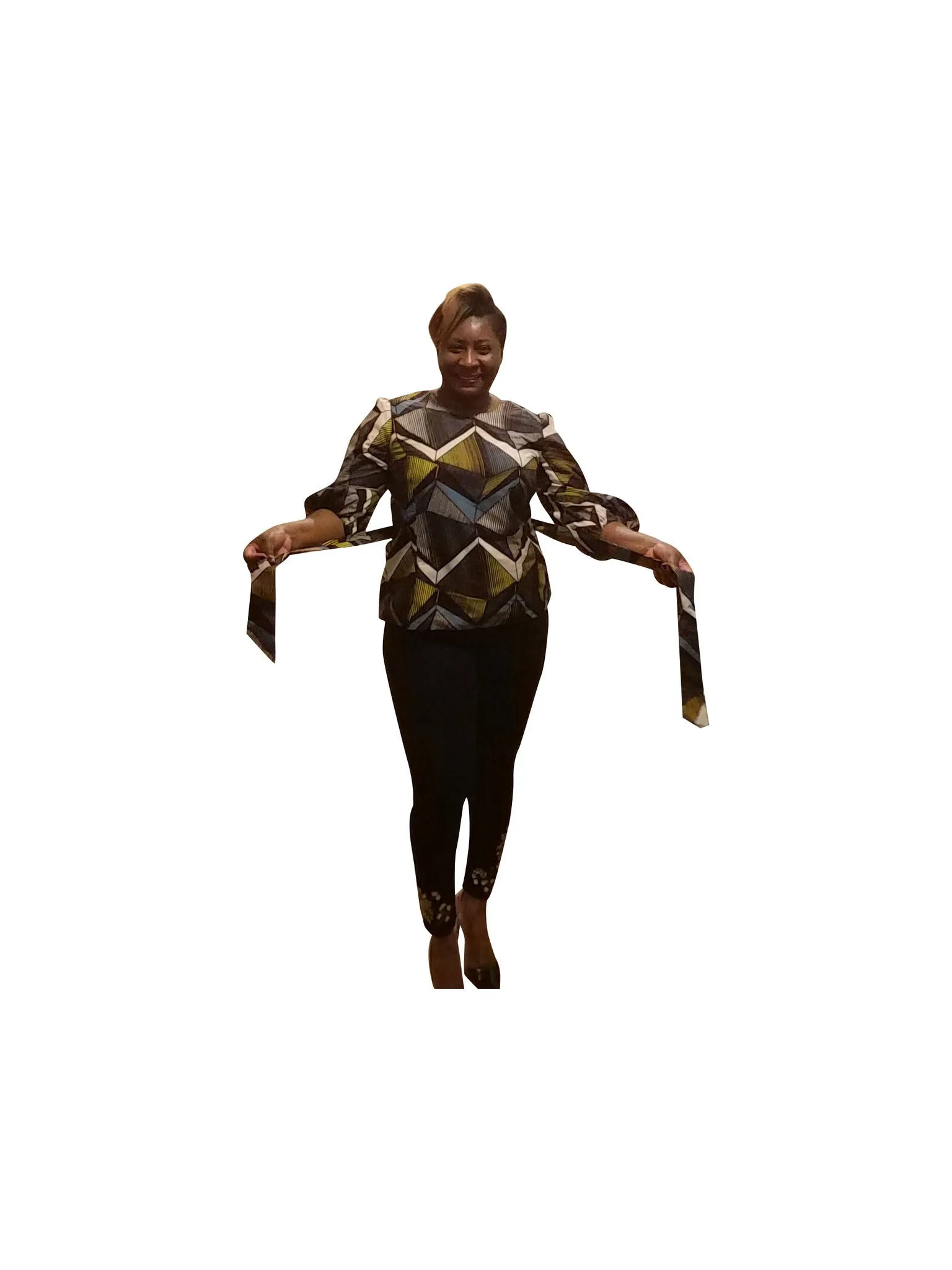 Belted Ankara Top/Blouse with Puffy 3/4 Sleeve