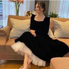 Black A-Line Long Sleeves Velvet Formal Long Prom Dress Charming Evening Dress Elegant Formal Dress