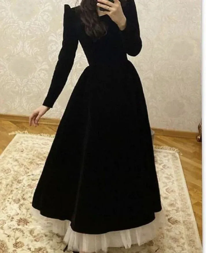 Black A-Line Long Sleeves Velvet Formal Long Prom Dress Charming Evening Dress Elegant Formal Dress