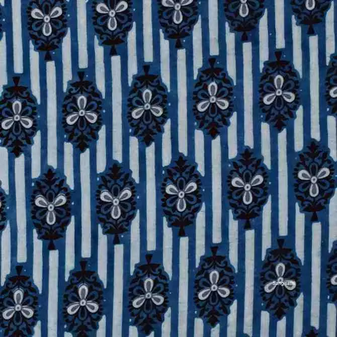 Blue Jaipuri Handblock Print Fabric