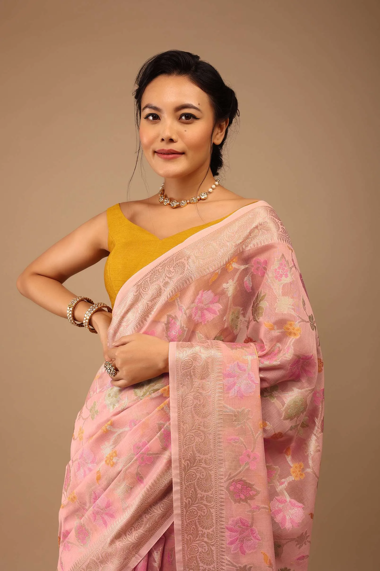 Blush Pink Saree In Banarsi Chanderi And Pure Handloom Cotton