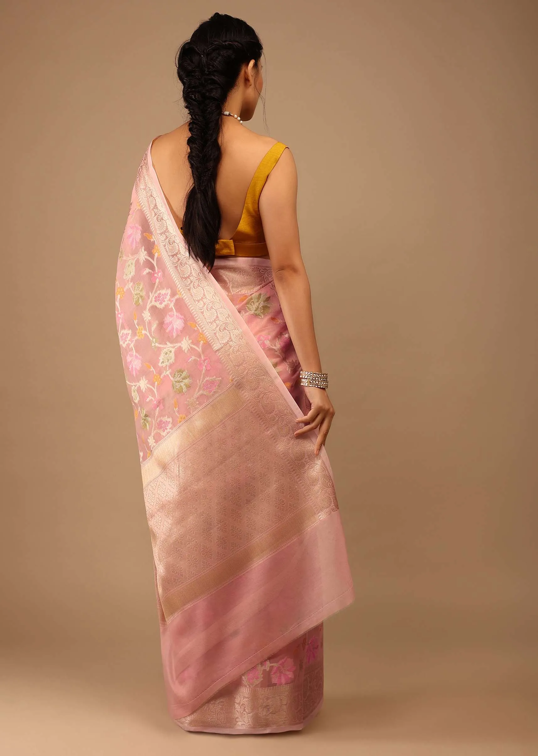 Blush Pink Saree In Banarsi Chanderi And Pure Handloom Cotton