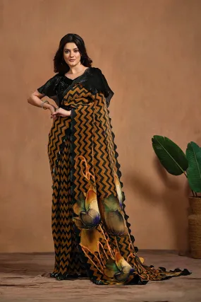 Brown Pure Satin Silk Pure Hand work Ready to wear Saree