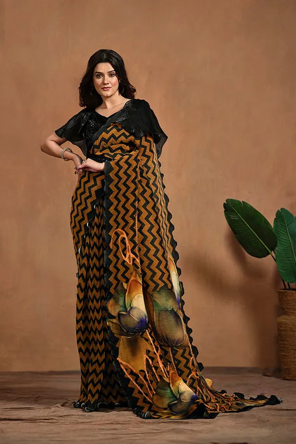 Brown Pure Satin Silk Pure Hand work Ready to wear Saree