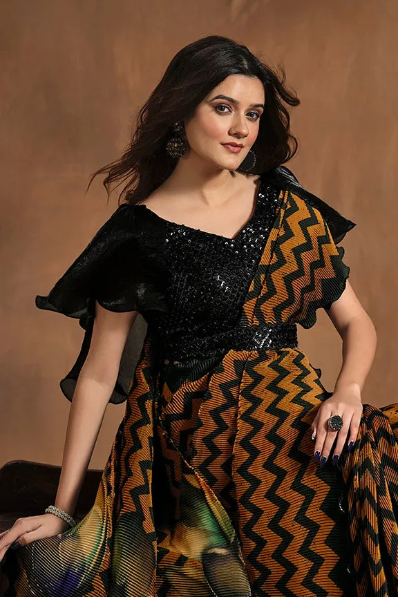 Brown Pure Satin Silk Pure Hand work Ready to wear Saree
