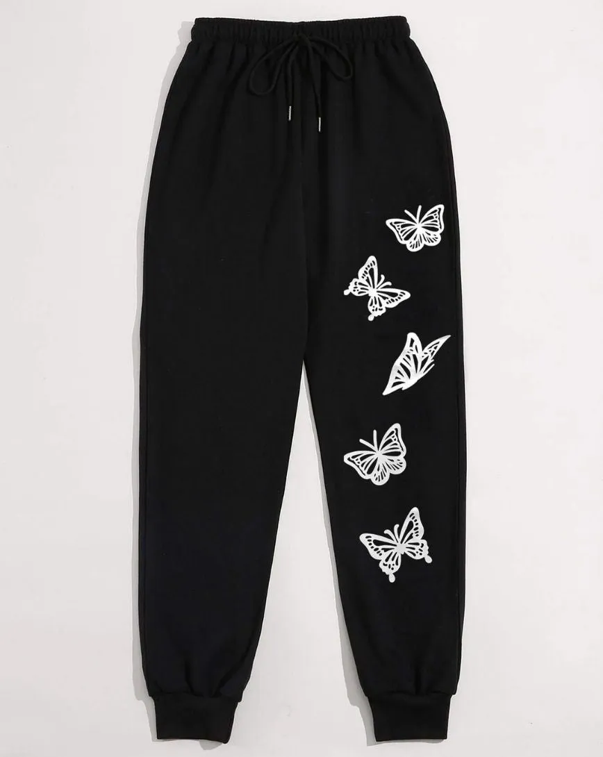Butterfly Print Drawstring Waist Jogger Pants - Black
