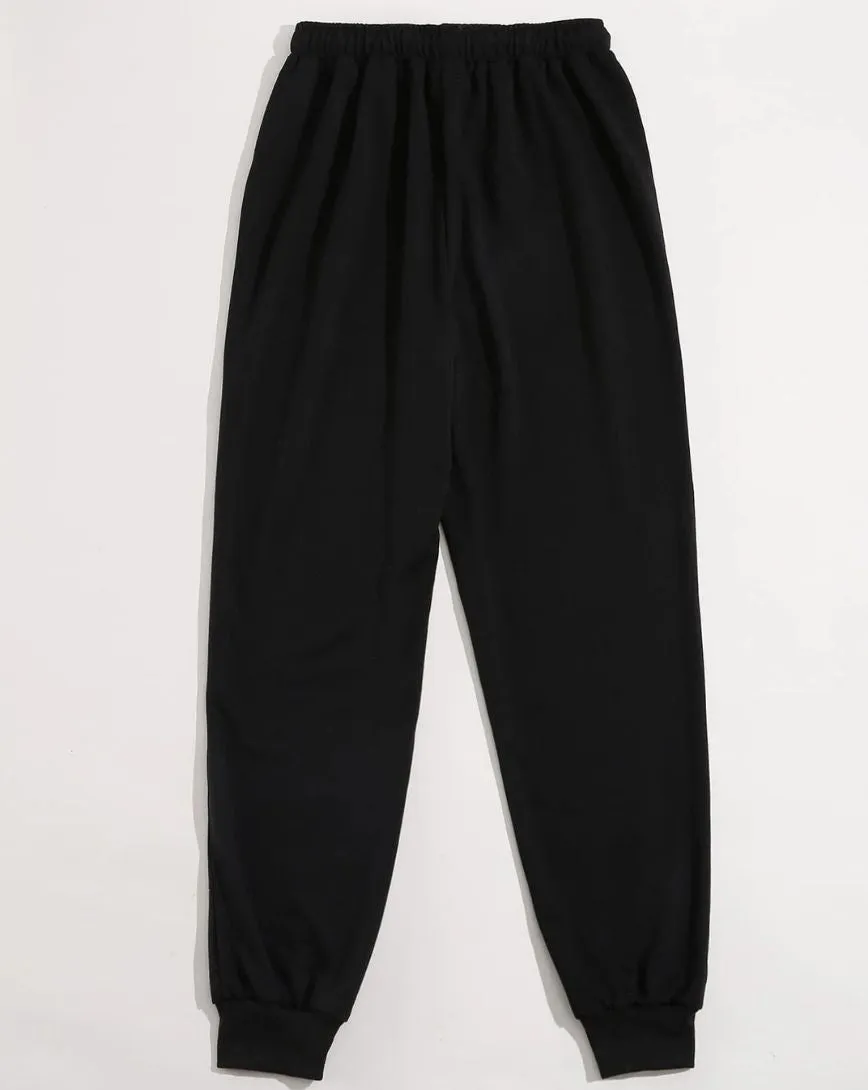 Butterfly Print Drawstring Waist Jogger Pants - Black