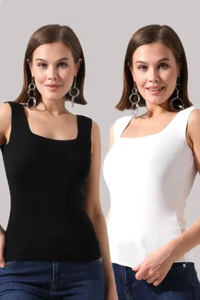 DWOZ Women's Black and White Square Neck Thick Strap 2-Pack Knitwear Blouse