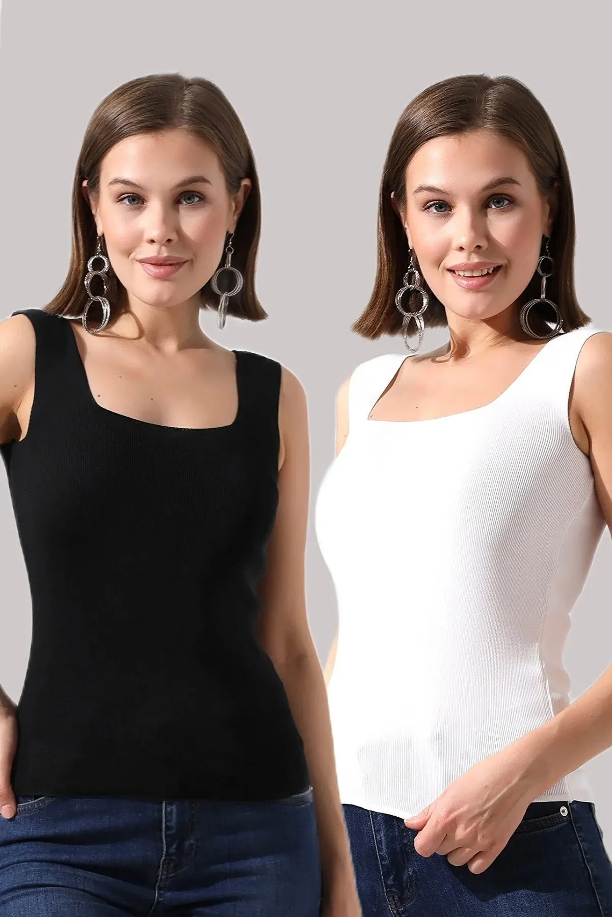 DWOZ Women's Black and White Square Neck Thick Strap 2-Pack Knitwear Blouse