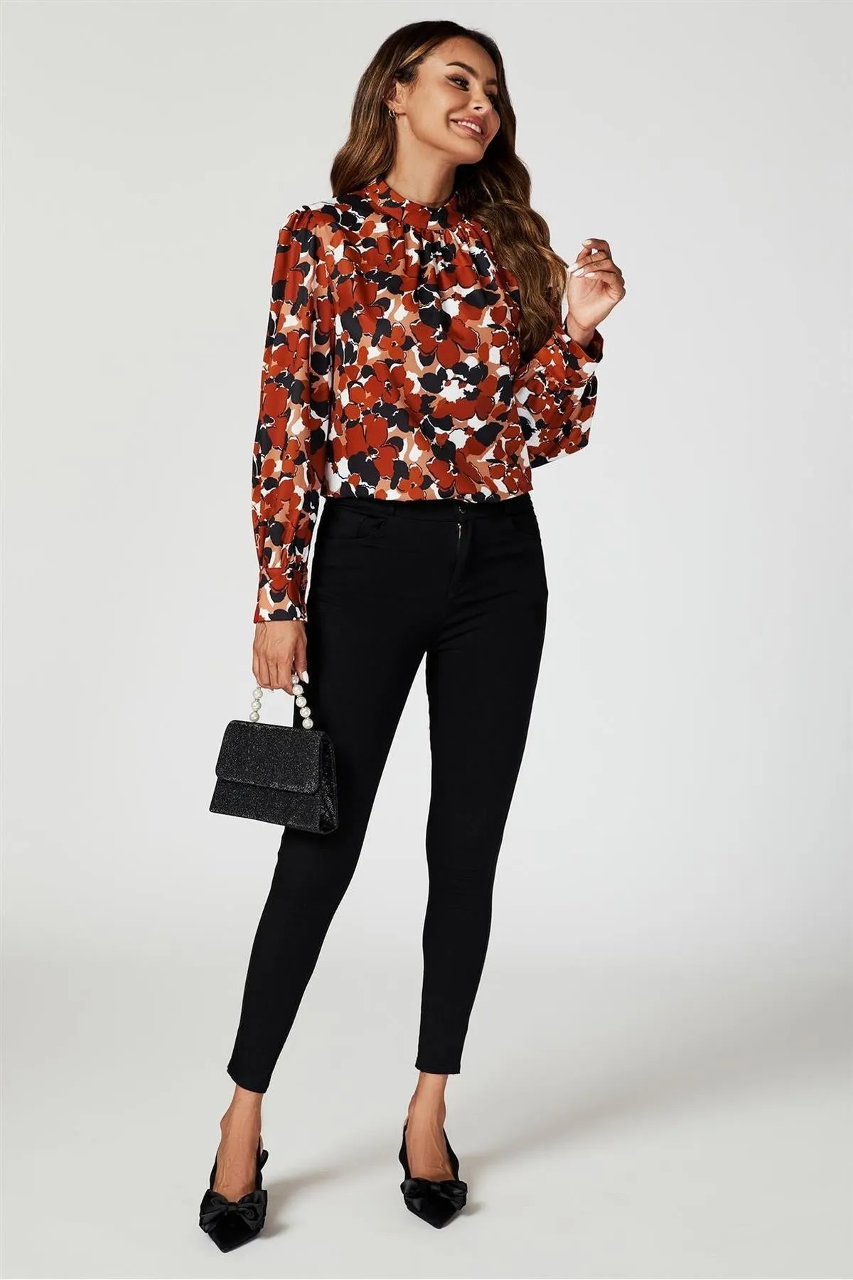 FS Collection Floral Print Long Sleeve High Neck Top In Rust