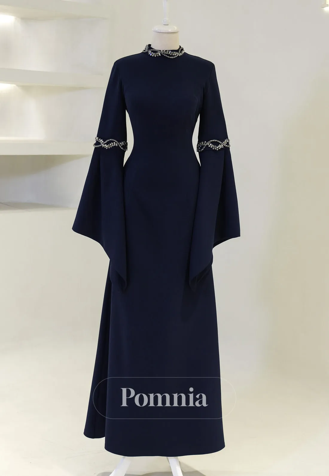 High Neck Long Sleeves Beads Formal Evening Dress