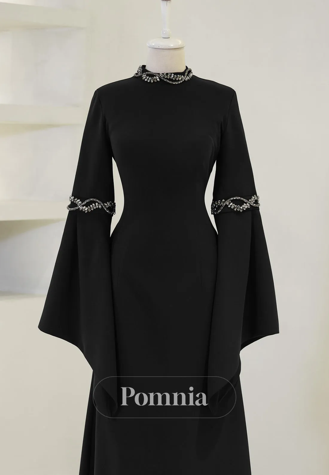 High Neck Long Sleeves Beads Formal Evening Dress