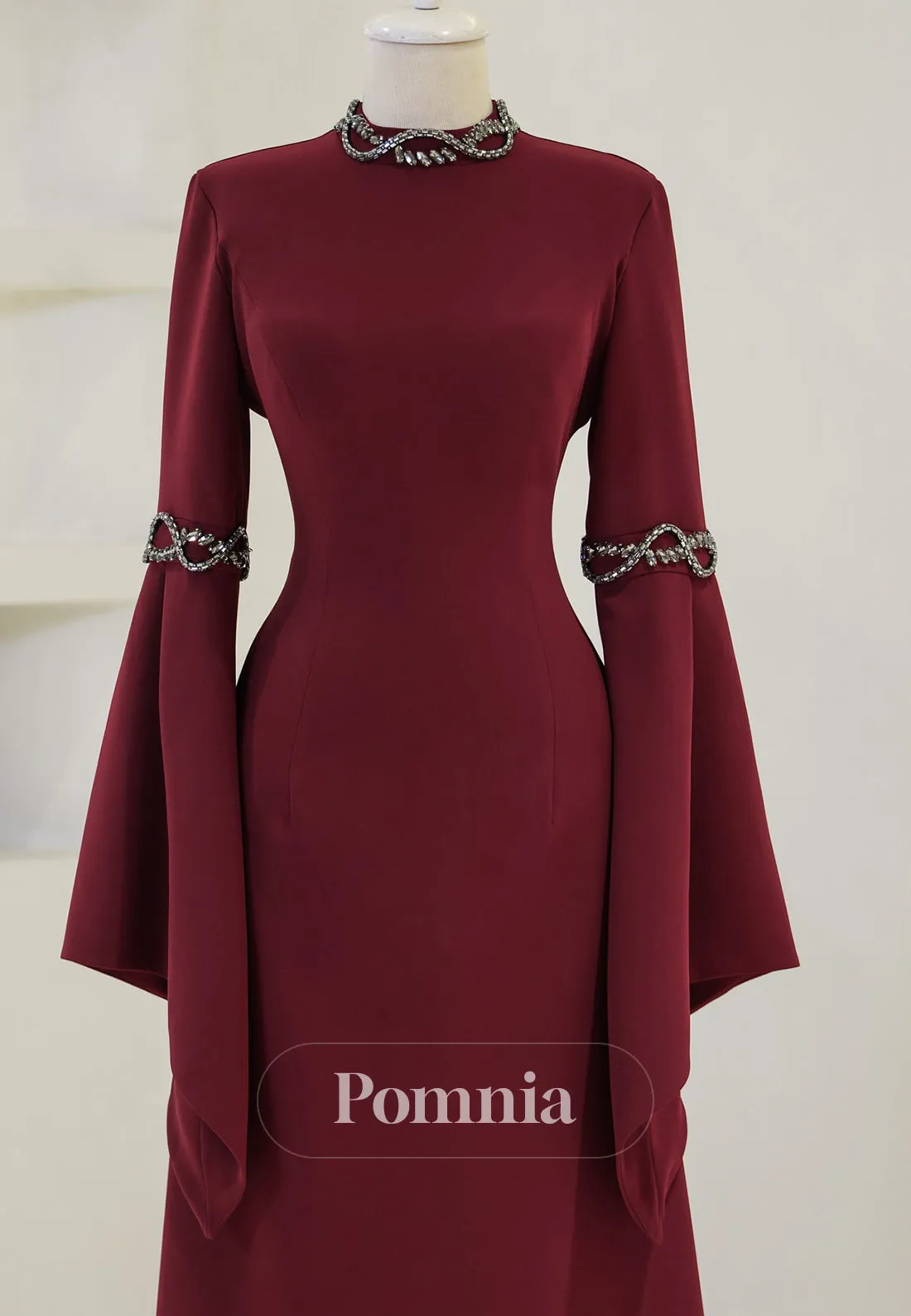 High Neck Long Sleeves Beads Formal Evening Dress