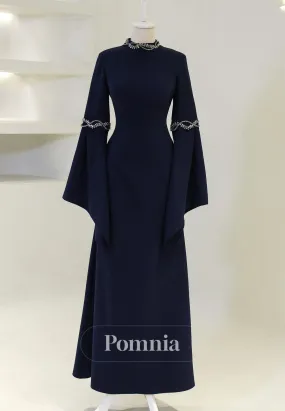 High Neck Long Sleeves Beads Formal Evening Dress