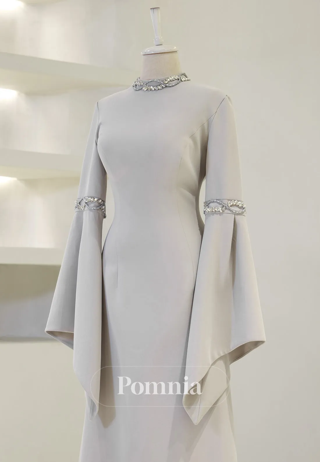 High Neck Long Sleeves Beads Formal Evening Dress