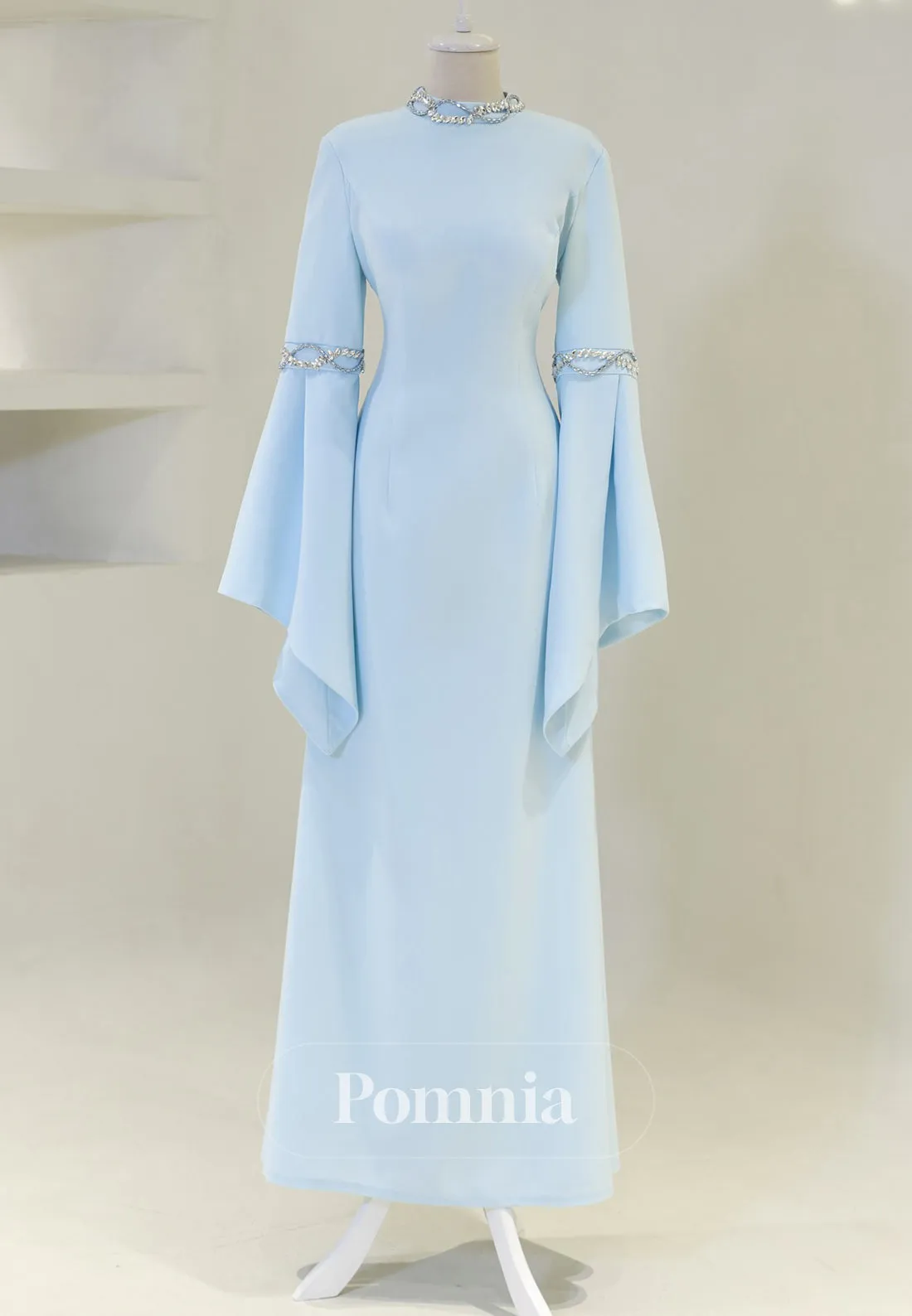 High Neck Long Sleeves Beads Formal Evening Dress