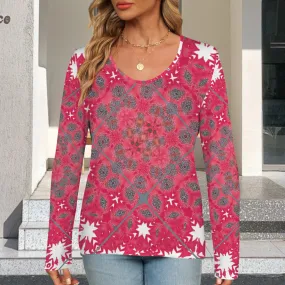 Long Sleeve V Neck Sweater Red Medallion