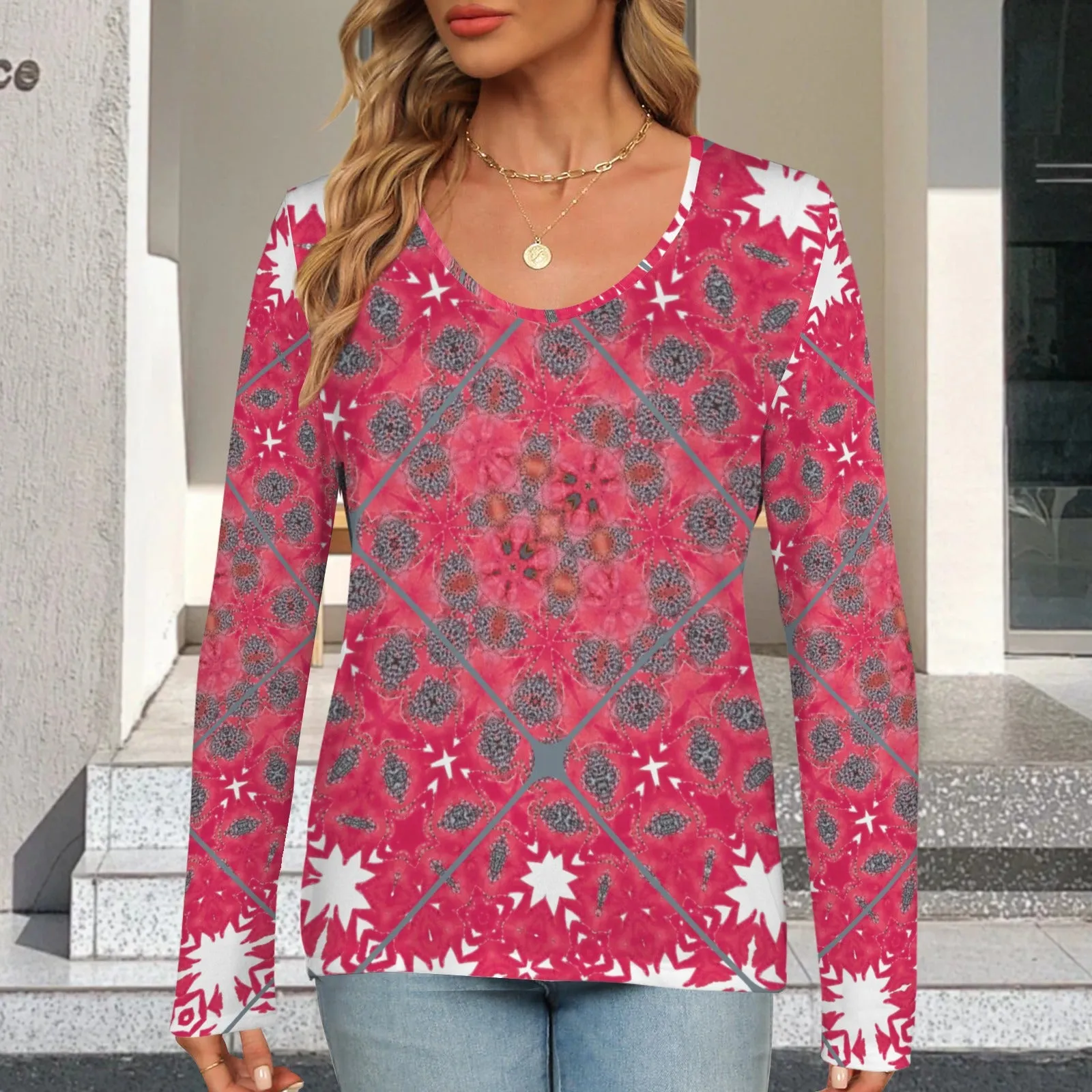 Long Sleeve V Neck Sweater Red Medallion