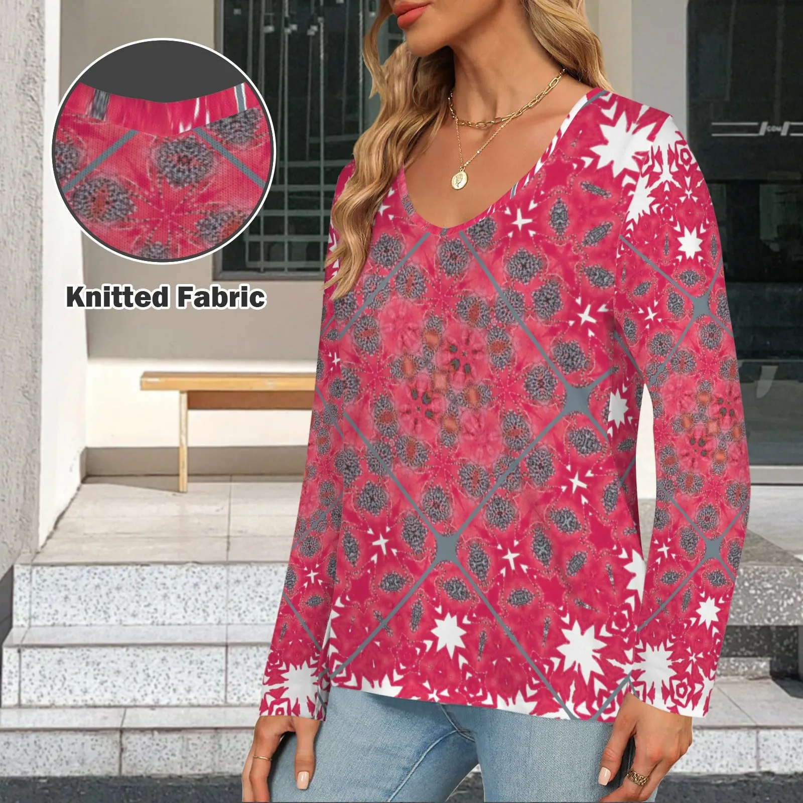 Long Sleeve V Neck Sweater Red Medallion