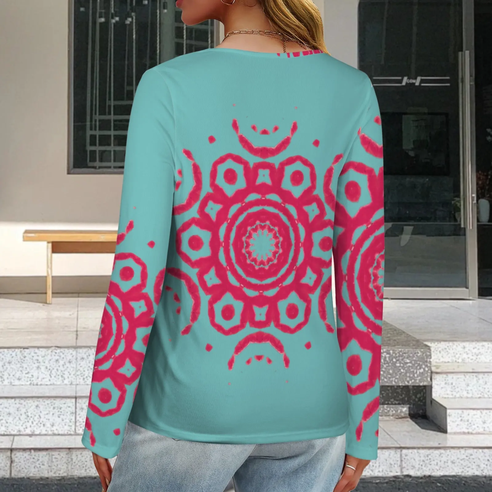 Long Sleeve V Neck Sweater Turquoise Red Medallion